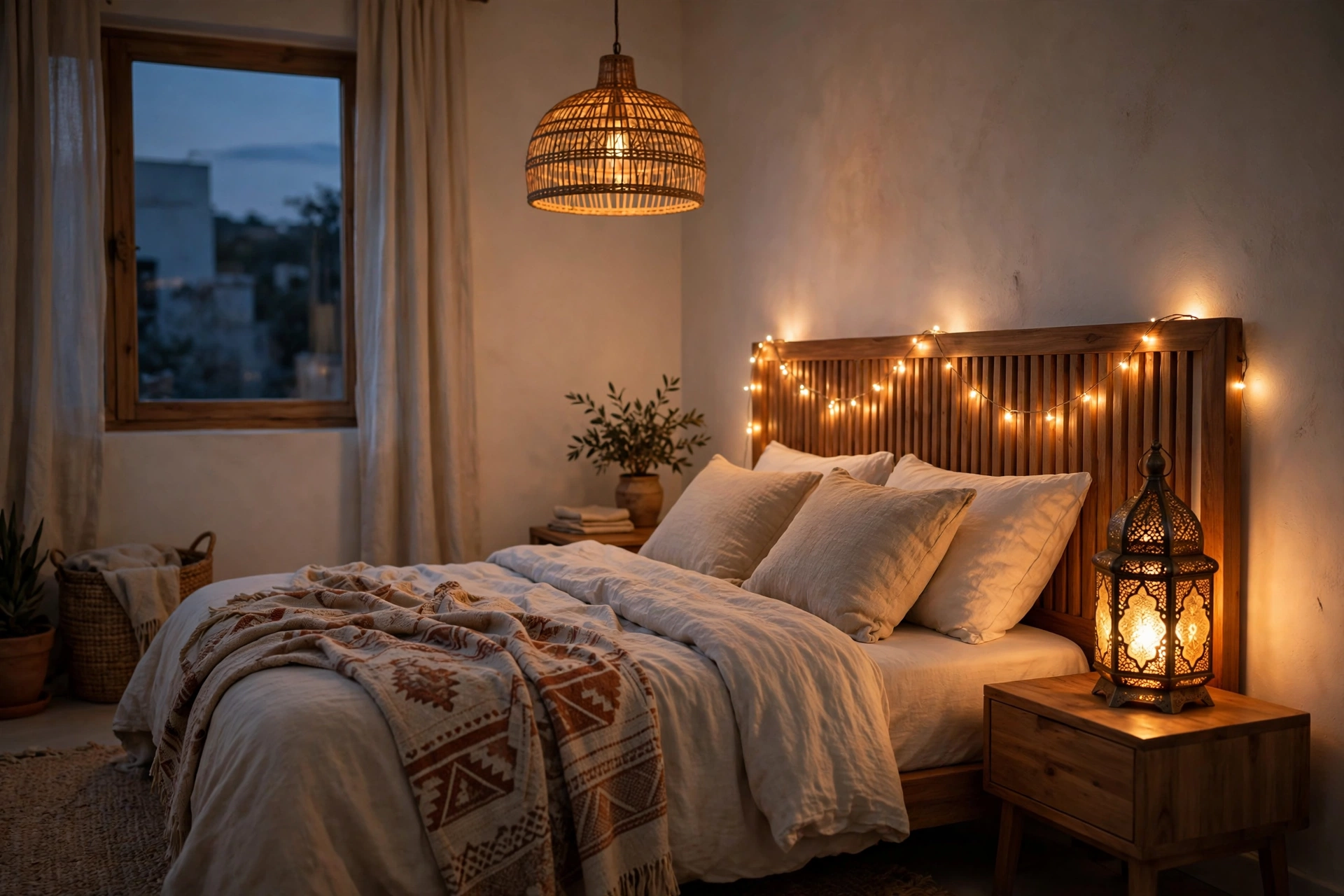 Boho bedroom glowing with lantern, string lights and rattan pendant