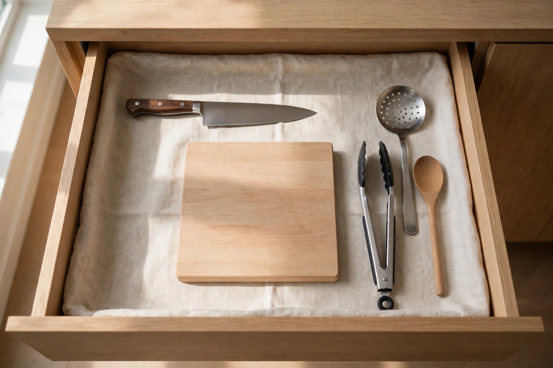 Minimalist kitchen design ideas with a few excellent tools neatly organized in a drawer