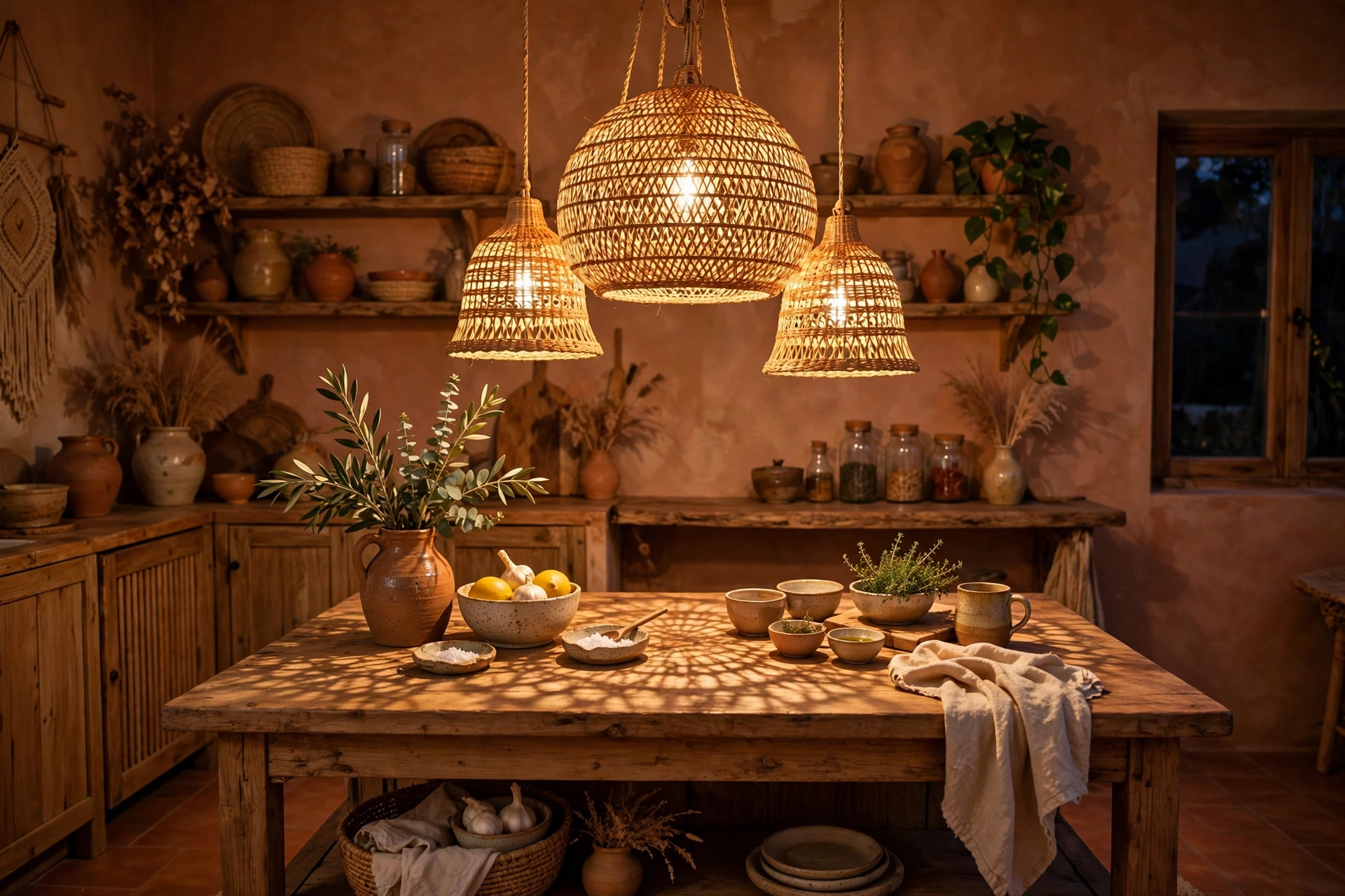Boho kitchen design ideas with woven rattan pendant lights of varying sizes glowing over a wooden kitchen island
