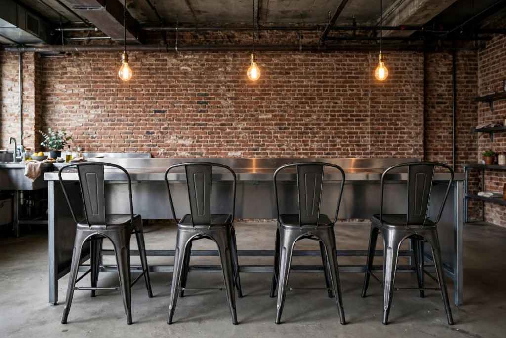 Industrial kitchen design ideas with metal Tolix-style bar stools pulled up to a steel kitchen counter