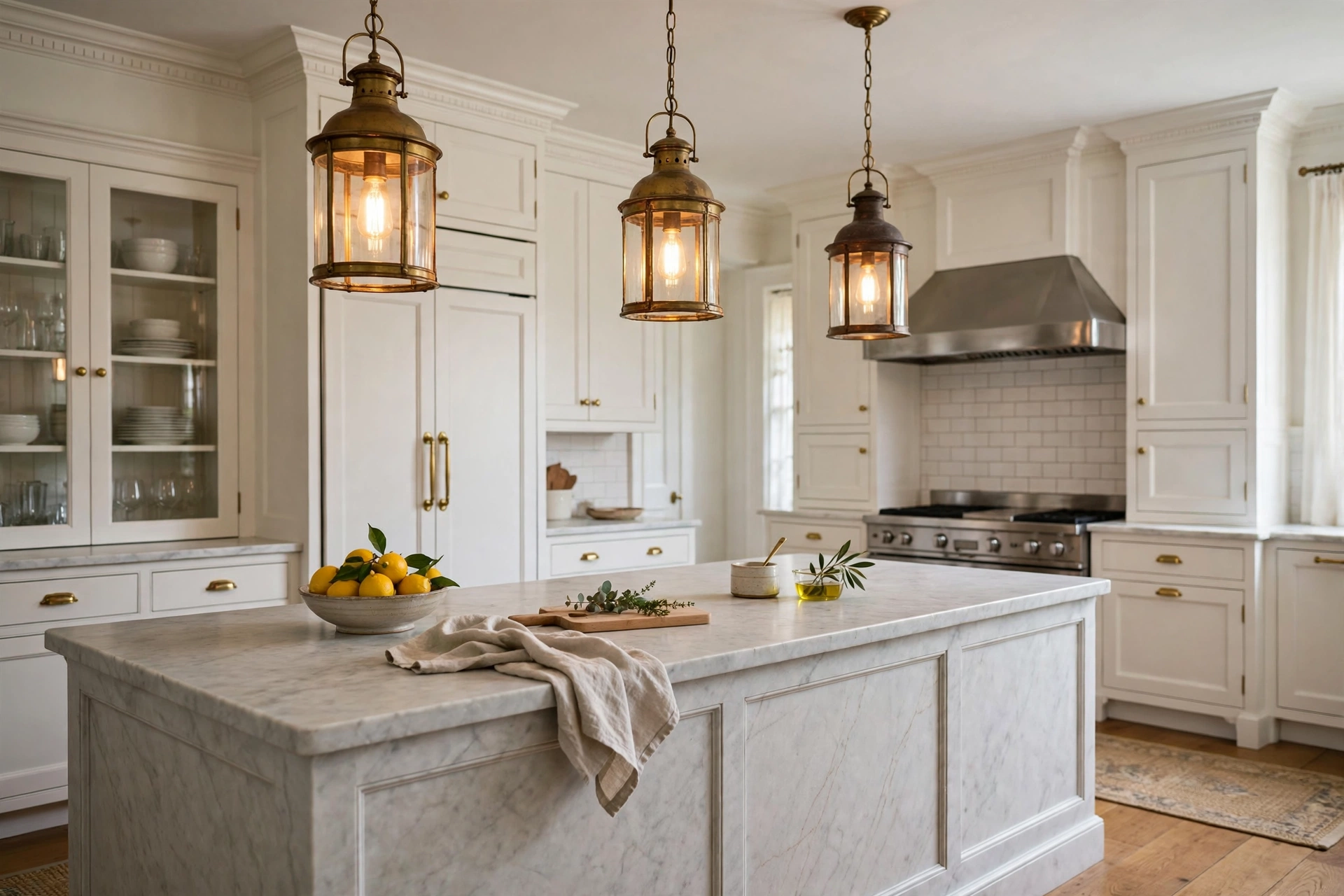 Traditional kitchen design ideas with aged brass pendant lights hanging over a marble kitchen island
