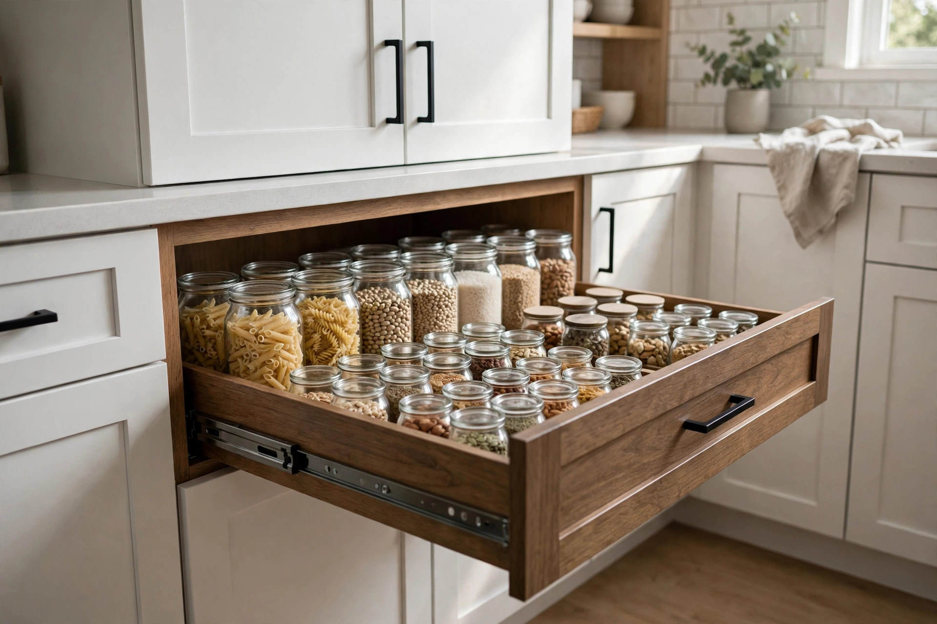 Pull-out drawer gliding from a deep cabinet revealing organized pantry staples