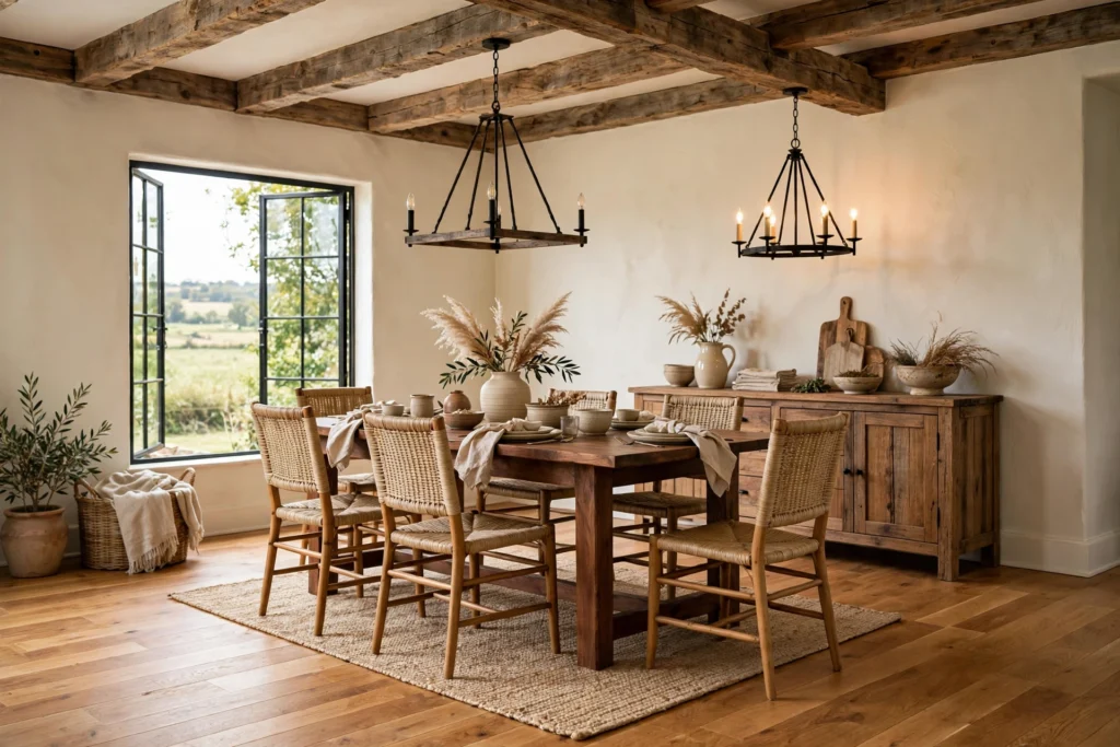 Farmhouse dining room layered with honey oak floors, walnut table and wood beams