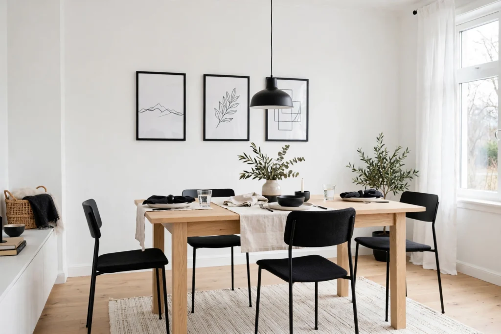 Black pendant and chair accents adding contrast in a bright white Scandinavian dining room