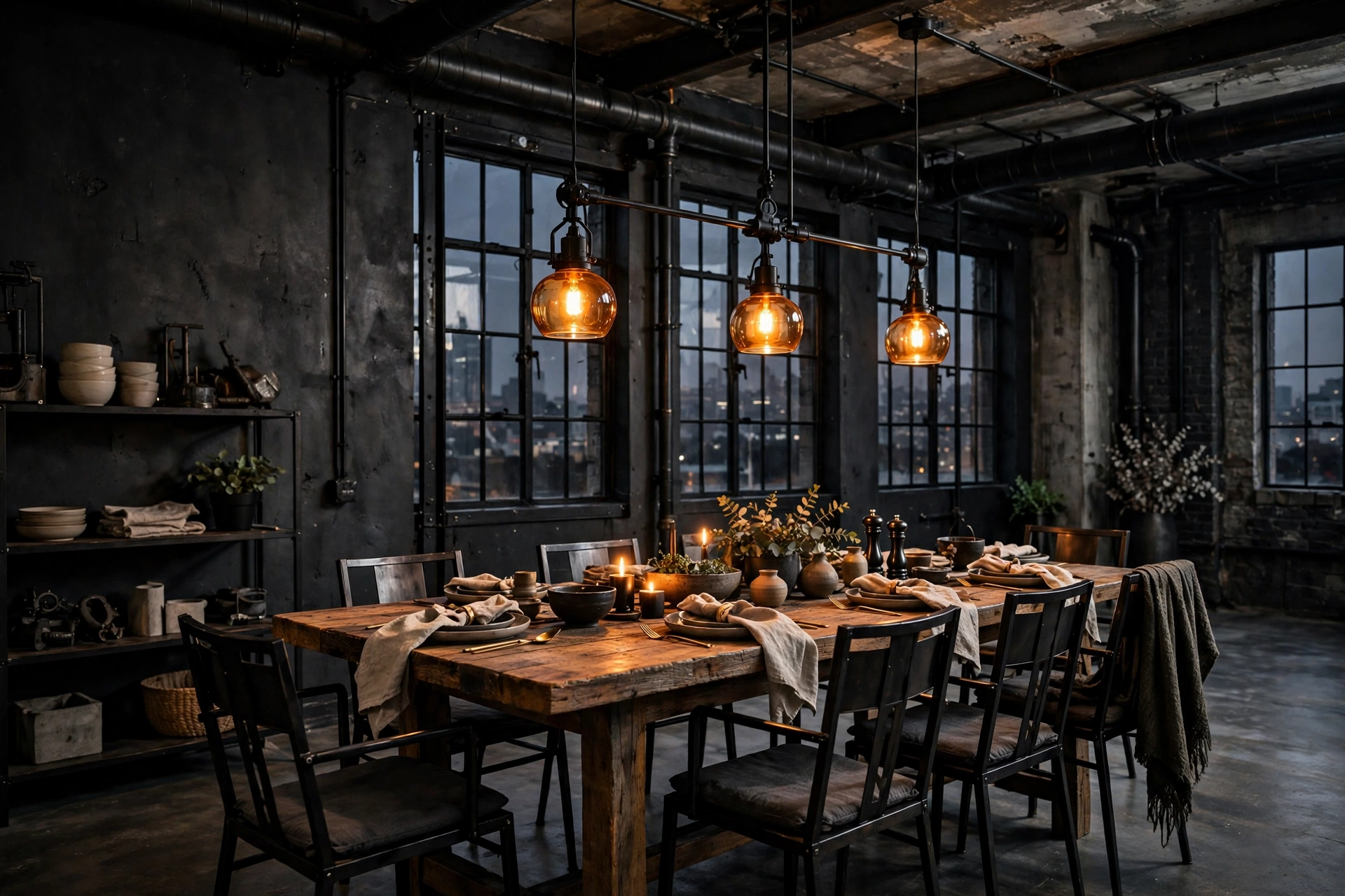 Moody neutral palette of charcoal, black and warm wood in an industrial dining room