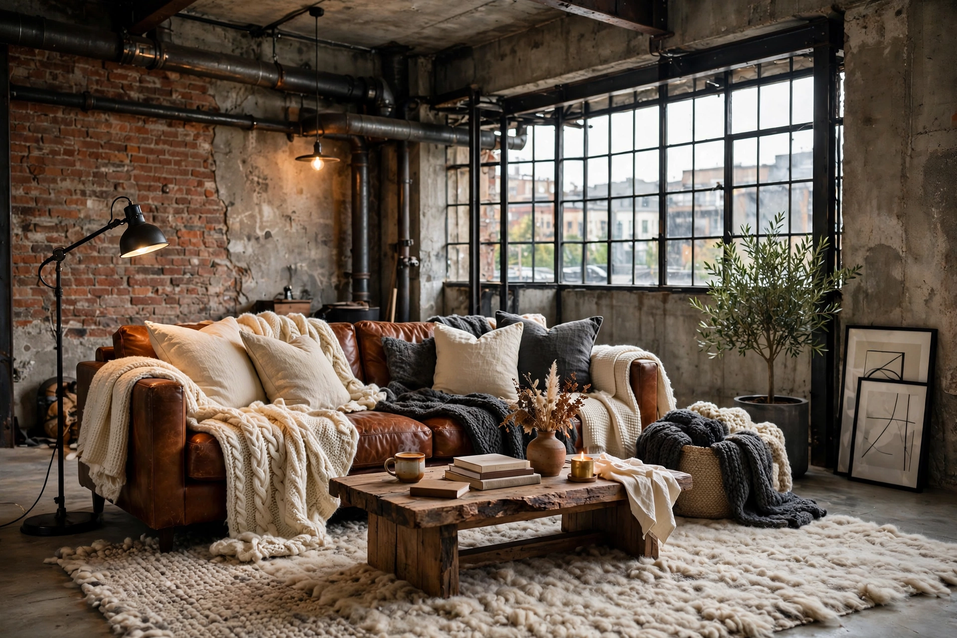 Wool rug, knit throws and linen cushions softening an industrial living room