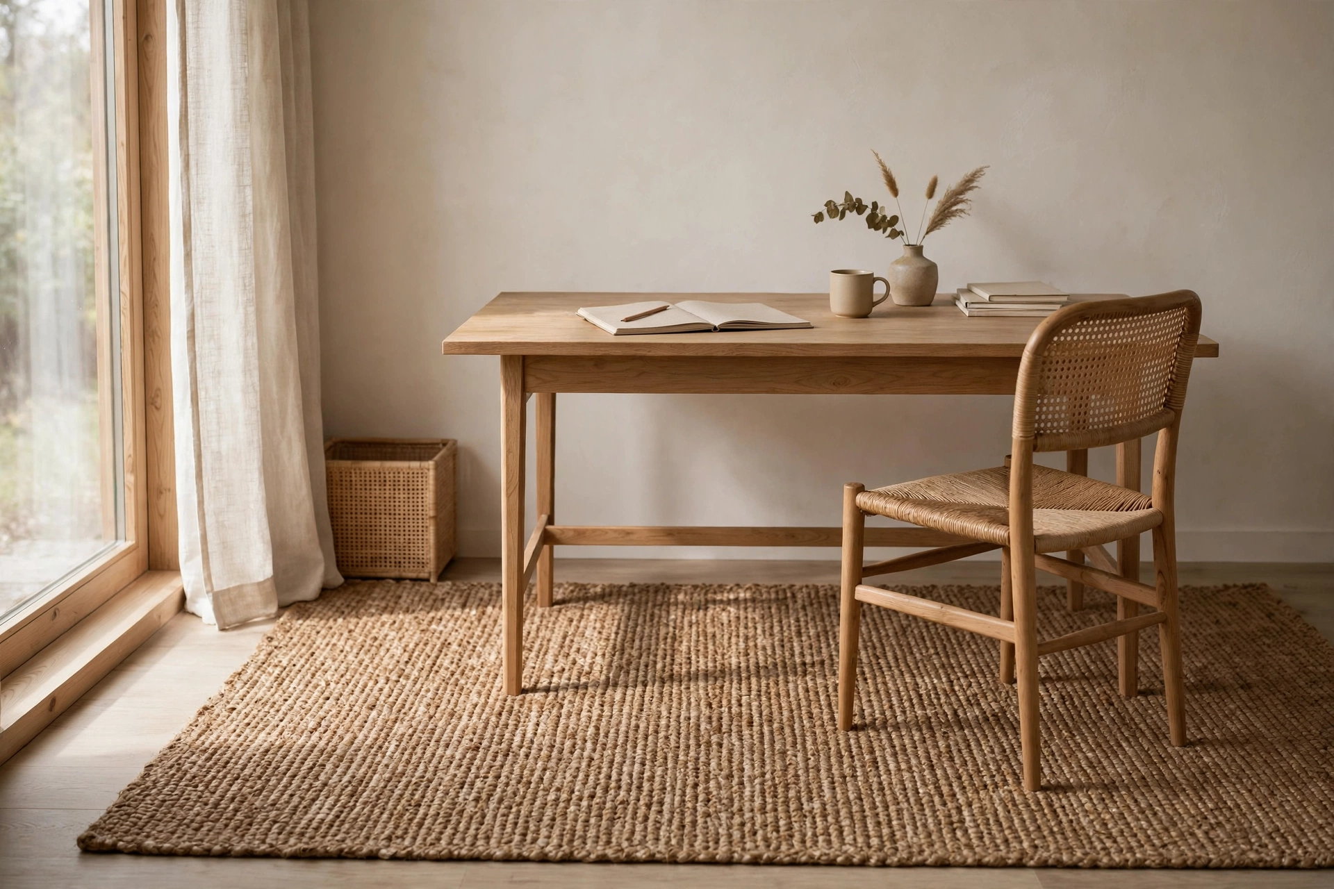Natural jute rug under a wooden desk in a Japandi home office