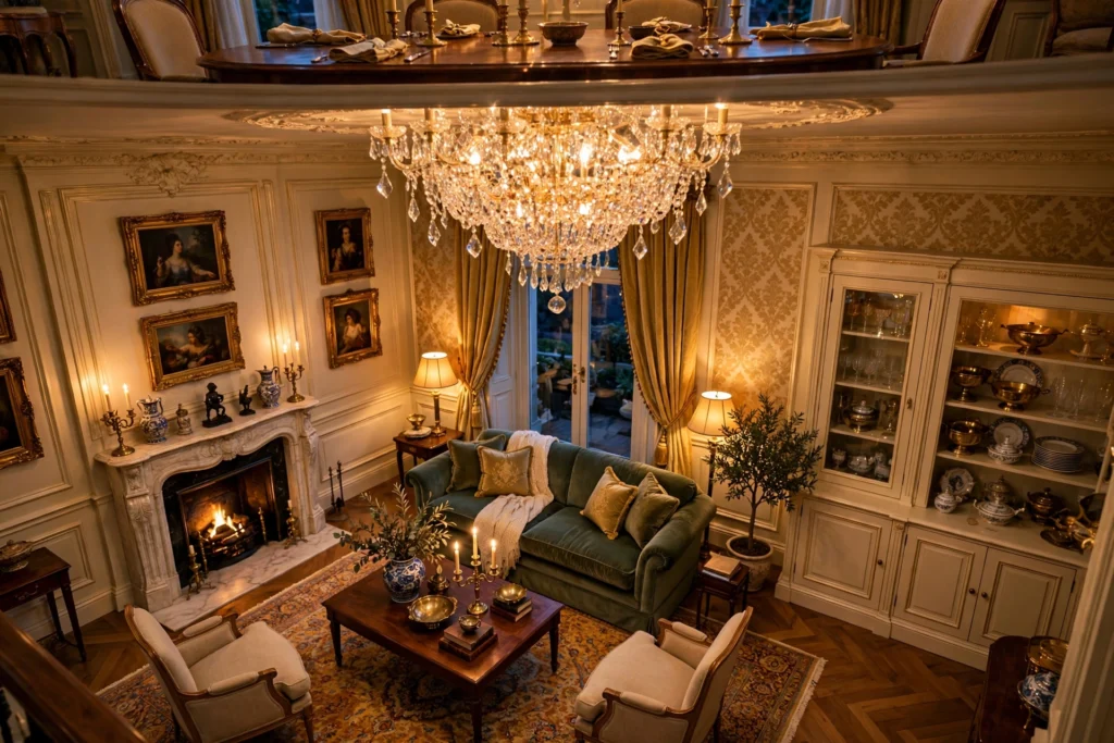 Traditional living room design ideas with a statement crystal chandelier glowing overhead