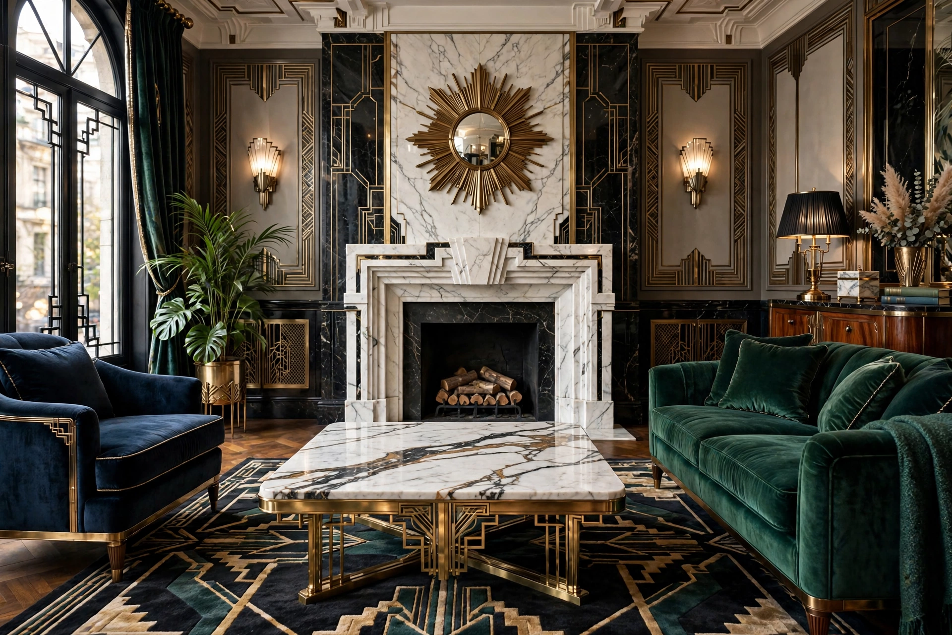 Art deco living room design ideas with a white marble coffee table and brass details