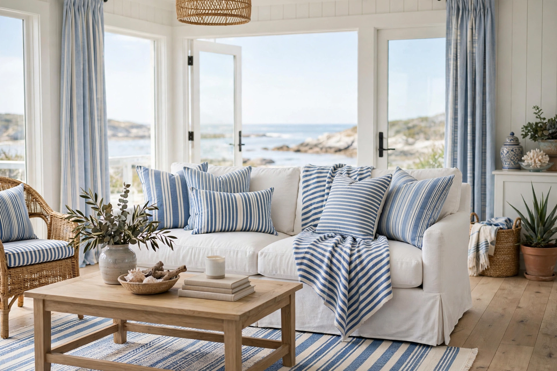 Coastal living room design ideas with blue-and-white striped nautical pillows and throws