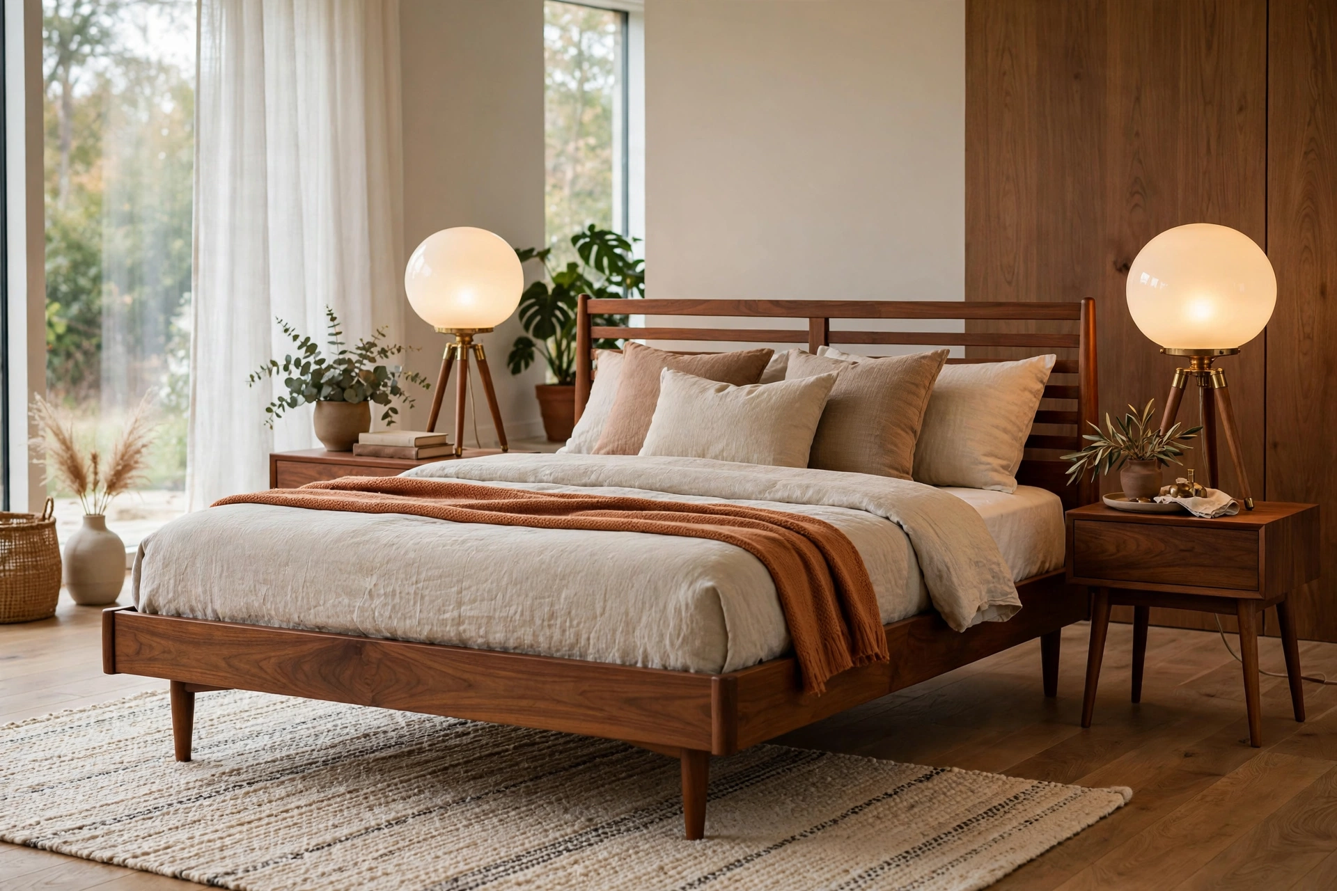Opal glass globe table lamps on tripod bases flanking a mid-century modern bed