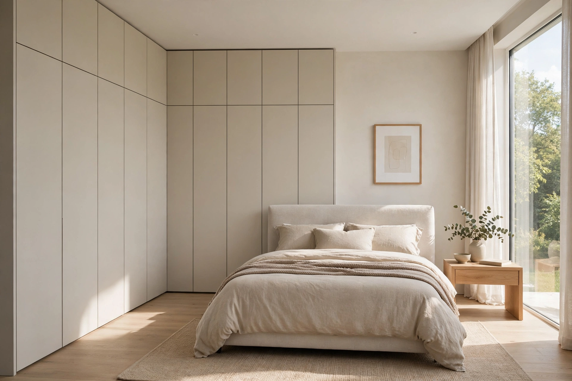Handleless built-in wardrobes with flush doors in a sleek contemporary bedroom