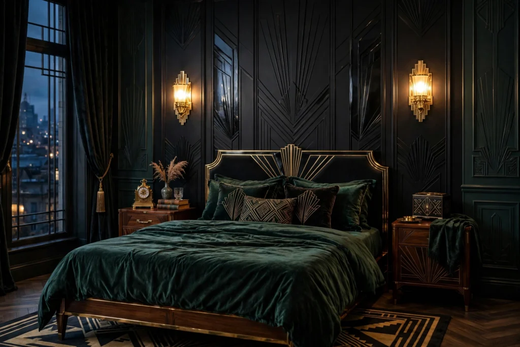 Art deco bedroom design ideas with a black accent wall making brass sconces glow