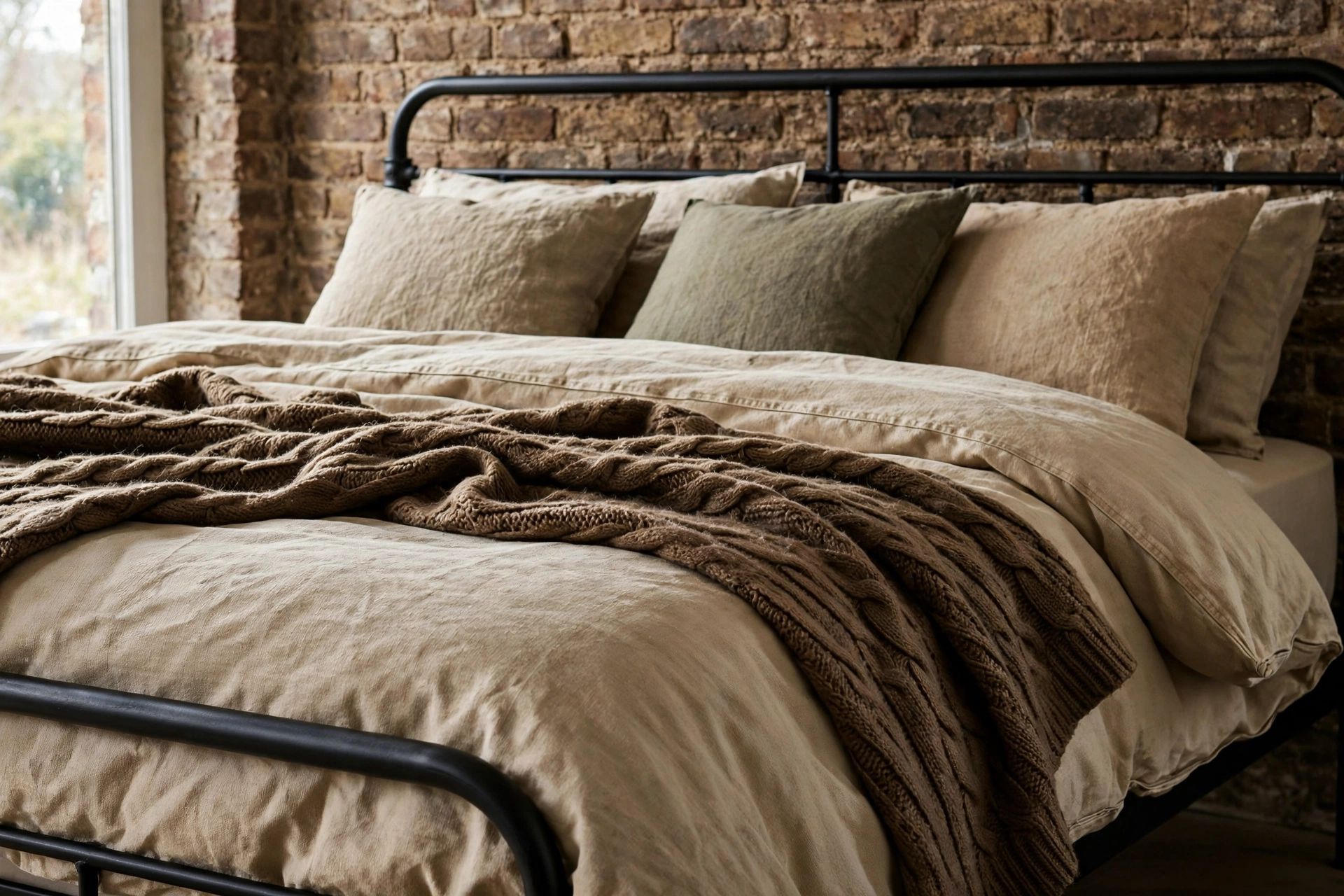Industrial bed layered with canvas duvet, wool throw and linen pillows in earthy neutrals