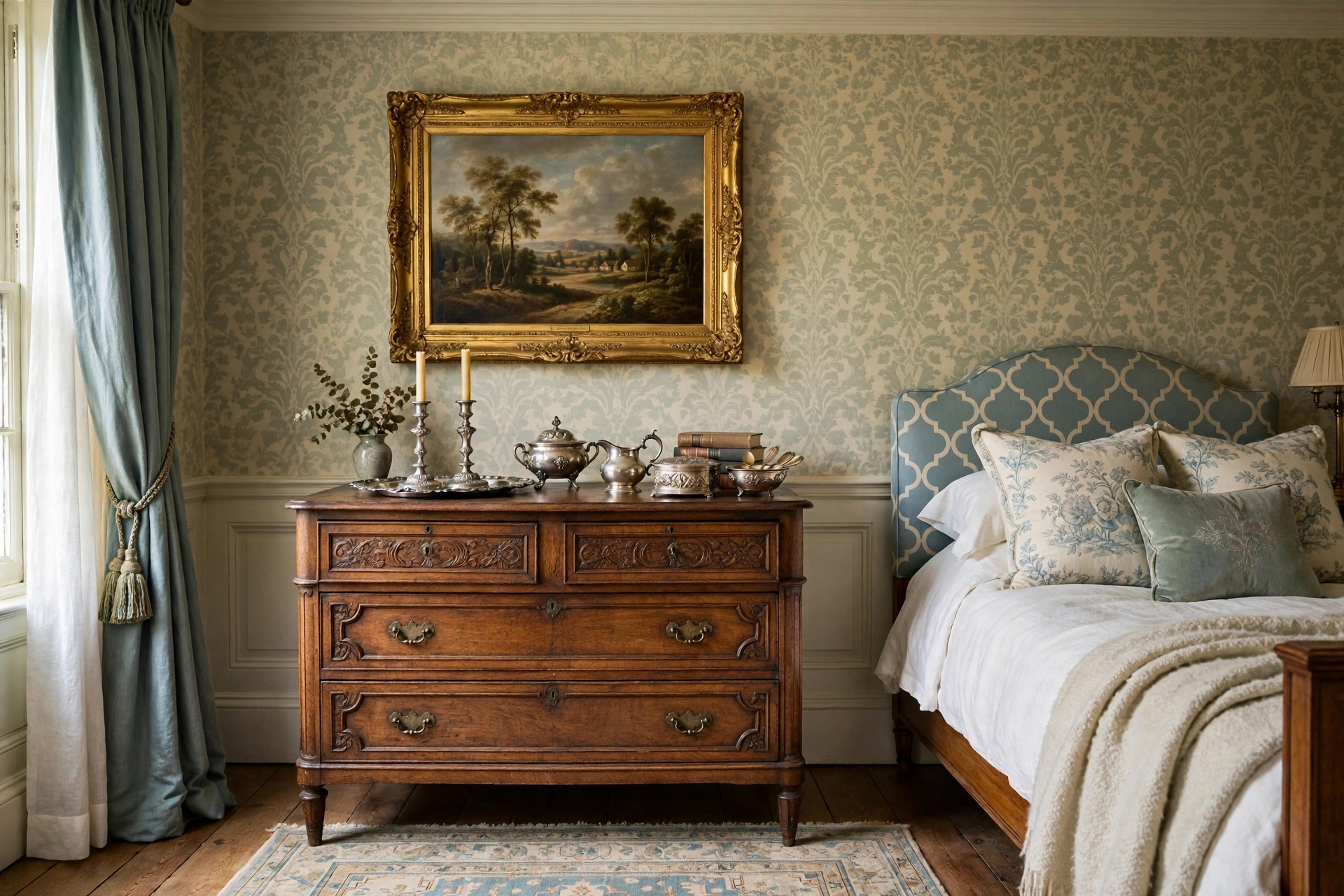 Traditional bedroom design ideas with antique dresser, gilt-framed art and heirloom pieces