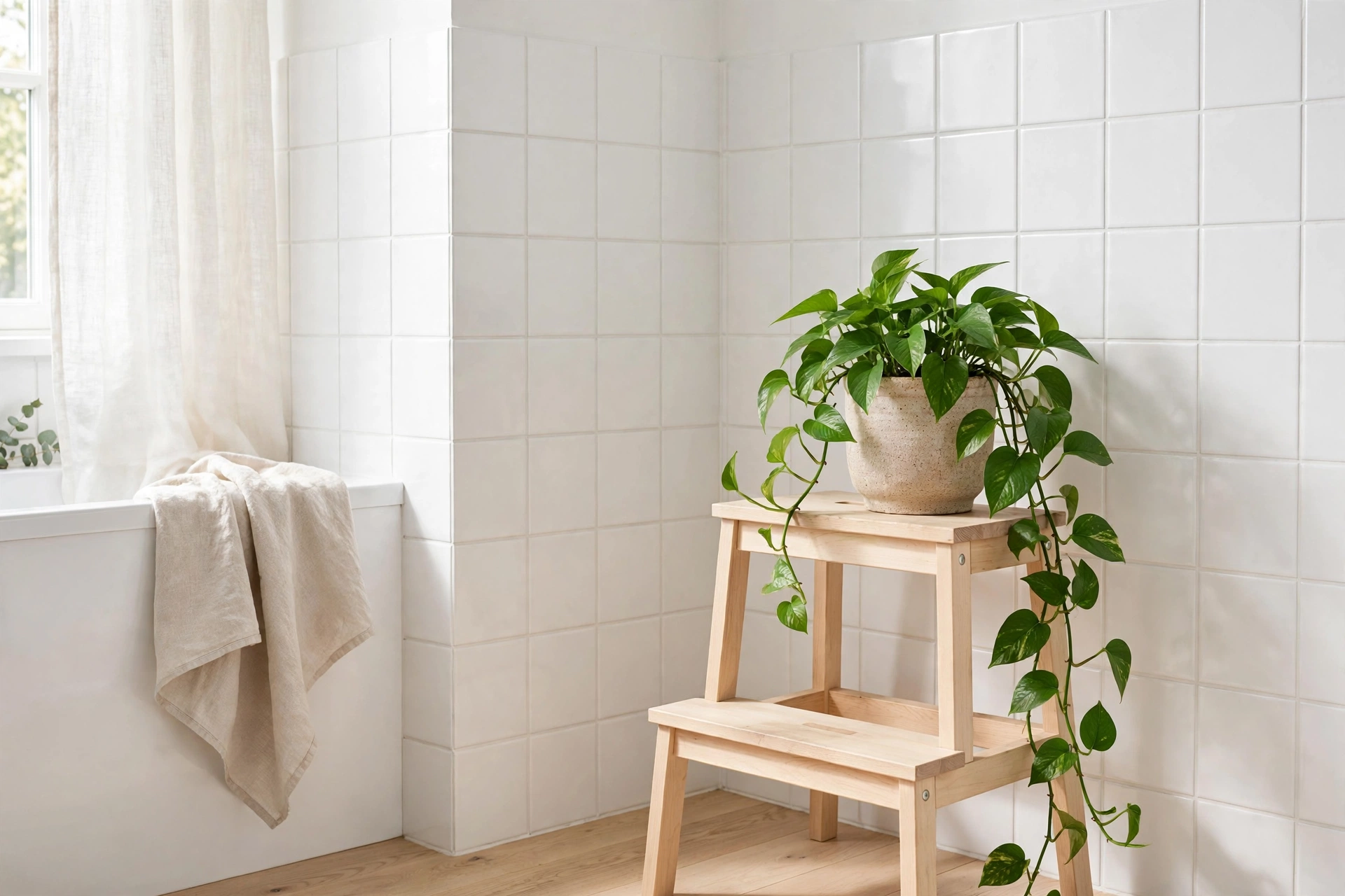 Scandinavian bathroom design ideas with trailing pothos plants in a bright bathroom