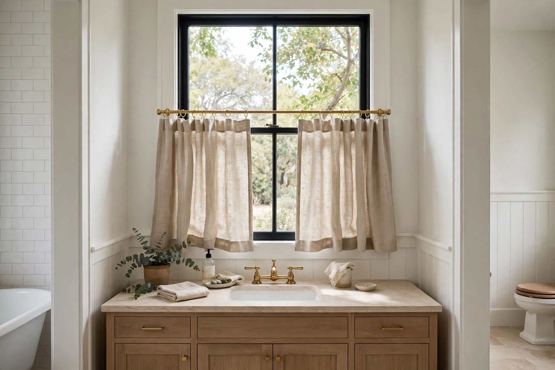 Traditional bathroom window dressed with linen café curtains and brass hardware