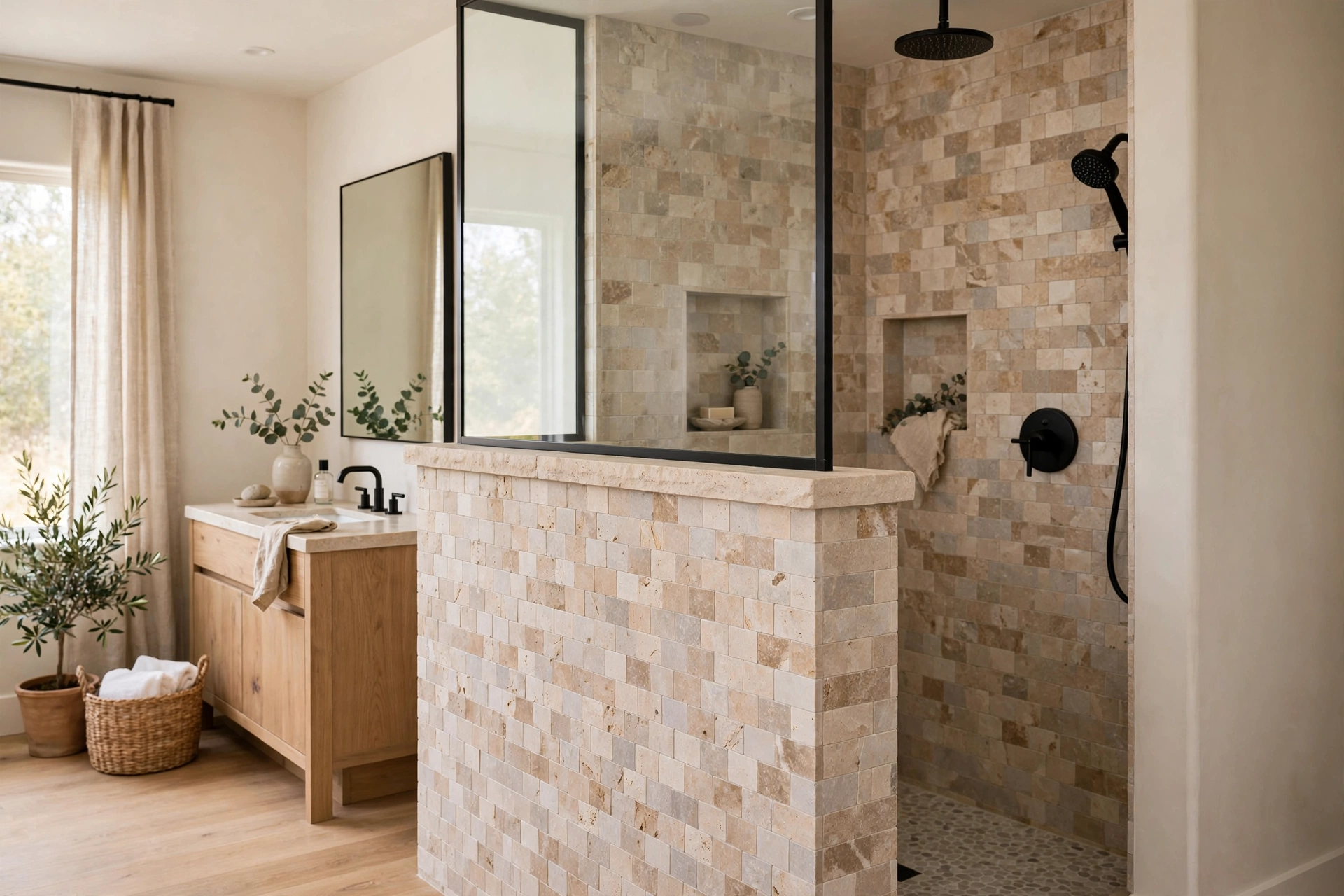 Tiled half-wall with glass panel above in a walk-in shower for privacy
