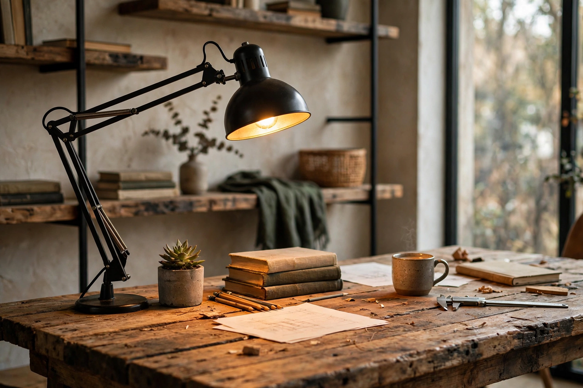 Articulated black metal architect task lamp on an industrial office desk