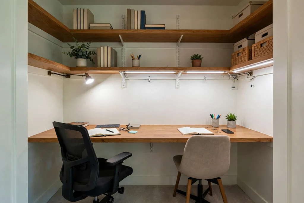 Reach-in closet converted into a compact two-person home office with long desk