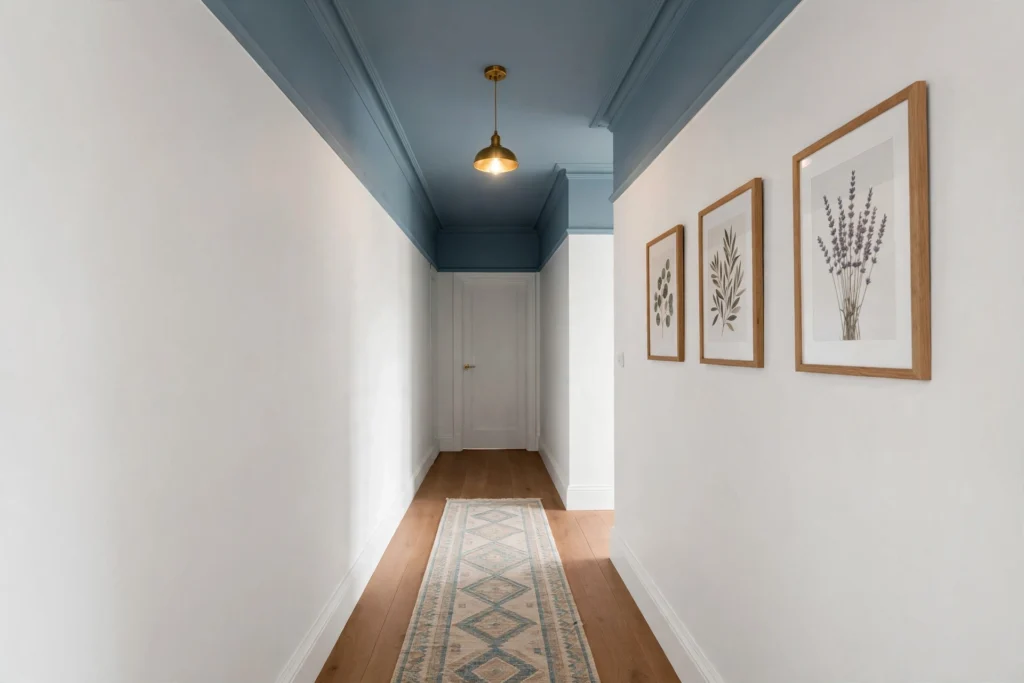 Hallway with a soft blue painted ceiling and white walls below