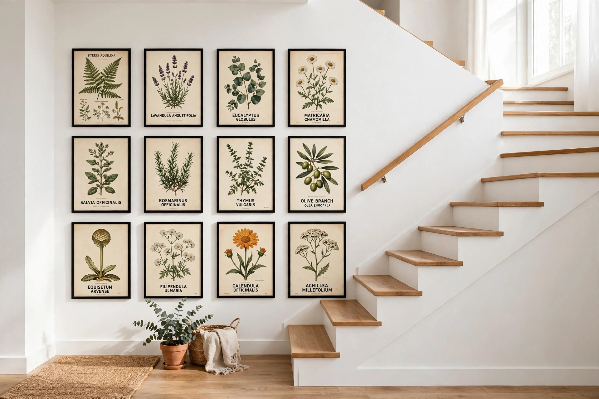 Collection of framed botanical plant prints arranged in a grid on a bright staircase wall