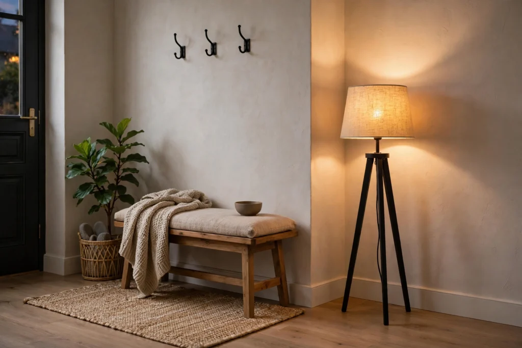 Entryway lighting ideas with a slim tripod floor lamp warming an entryway corner