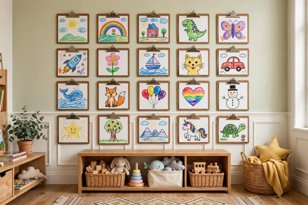 Playroom design ideas with a gallery wall of kids artwork hung on clipboards