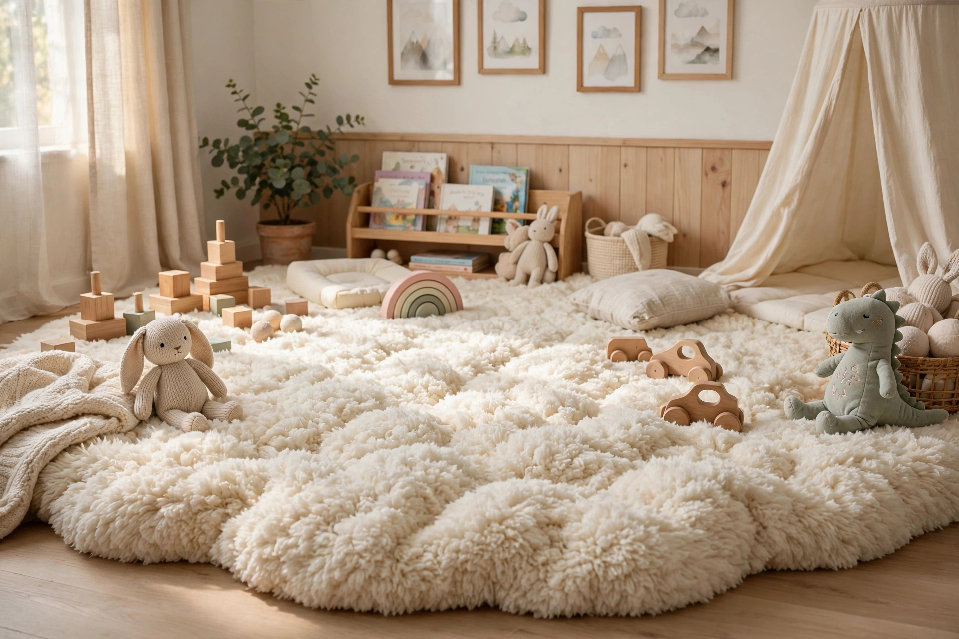Toddler bedroom design ideas with a thick soft rug cushioning the floor for tumbles