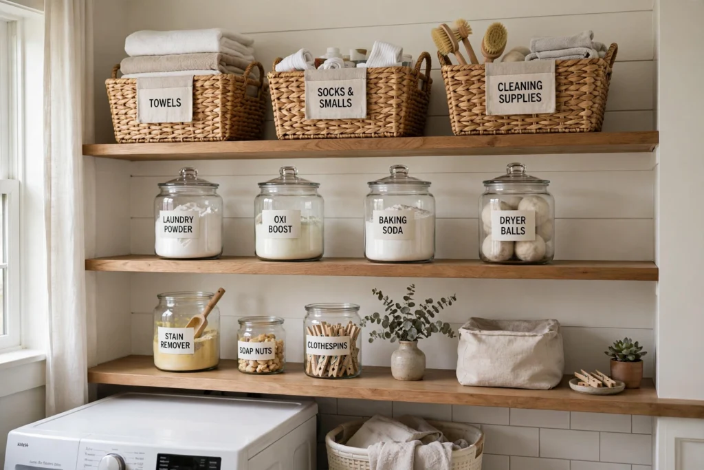 Labeled storage baskets and jars with printed labels on laundry room shelves