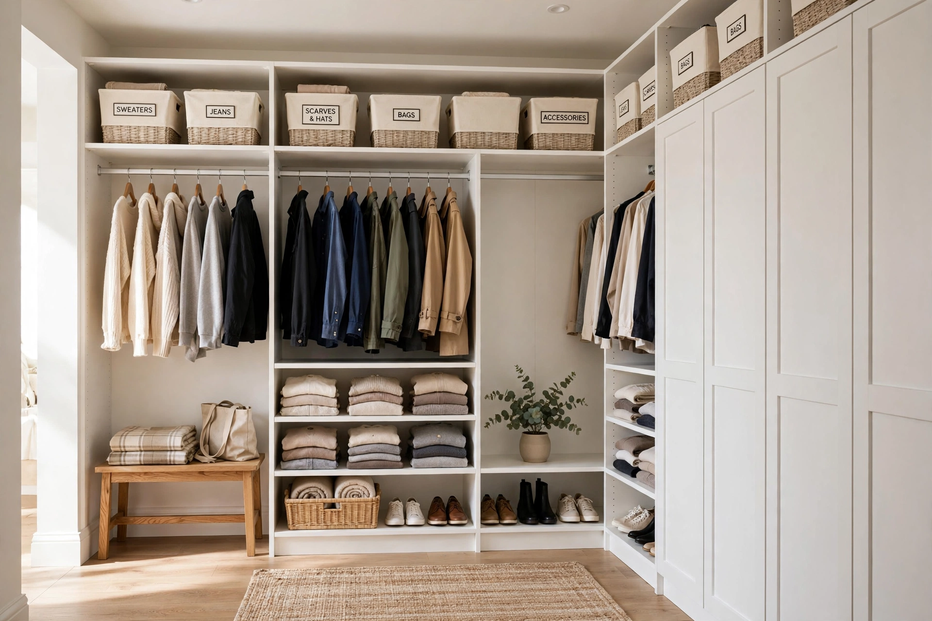 Walk-in closet with floor-to-ceiling built-in storage, high shelves and labeled bins