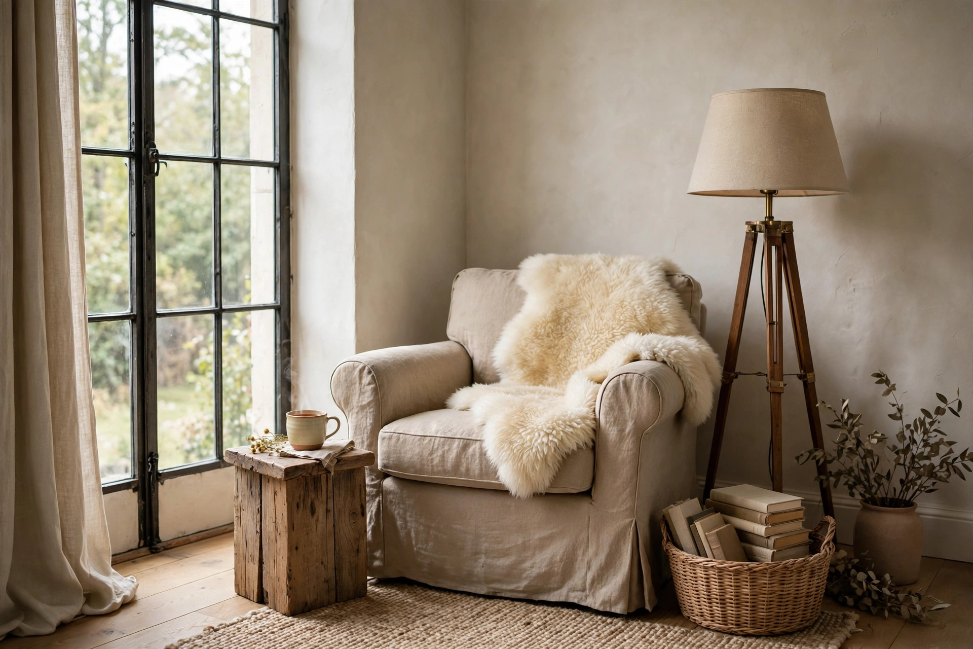 Cozy reading nook with armchair, floor lamp and book basket by a bright window