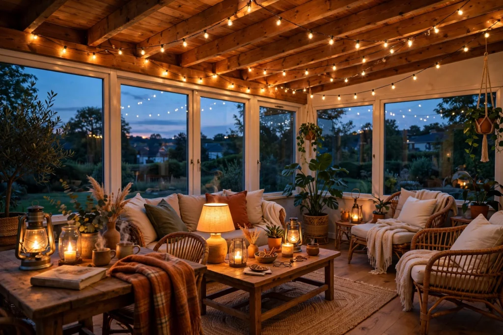 Sunroom glowing at dusk with string lights, lanterns and warm lamps