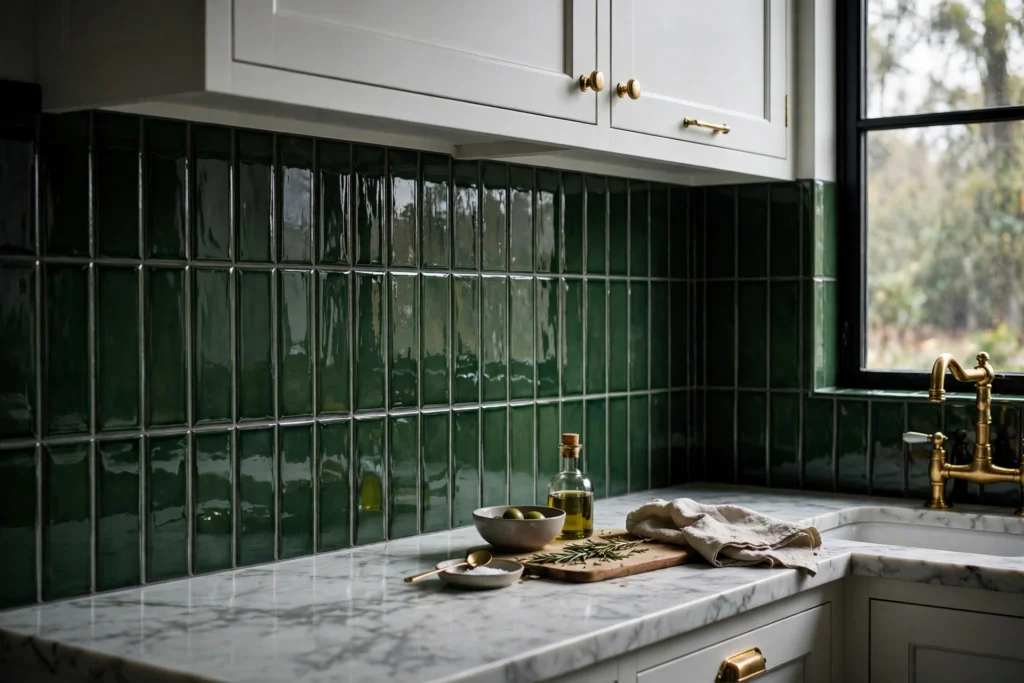 Kitchen backsplash ideas with vertically stacked glossy forest green subway tiles.