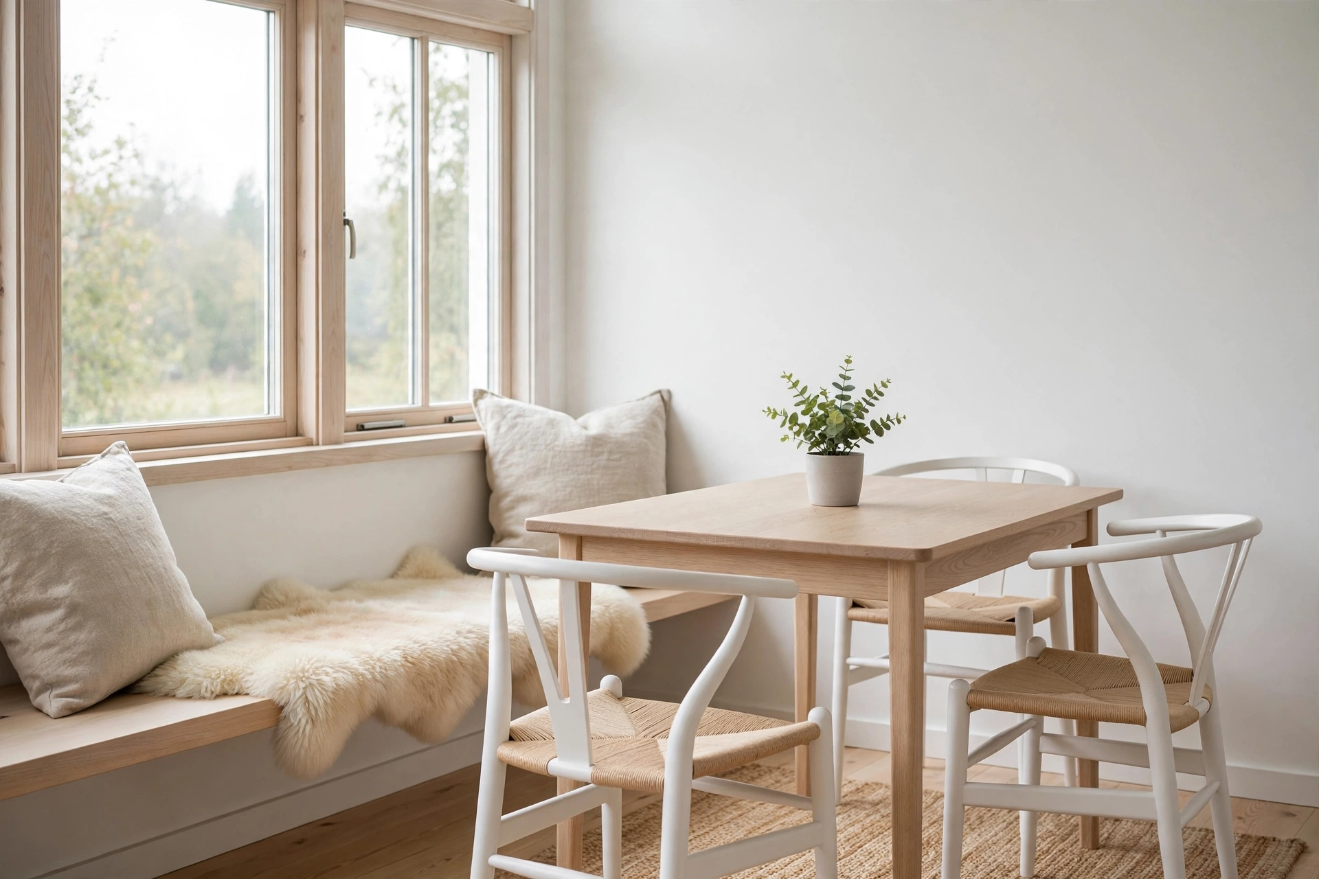 Breakfast nook ideas with pale oak table, wishbone chairs, and sheepskin throws.