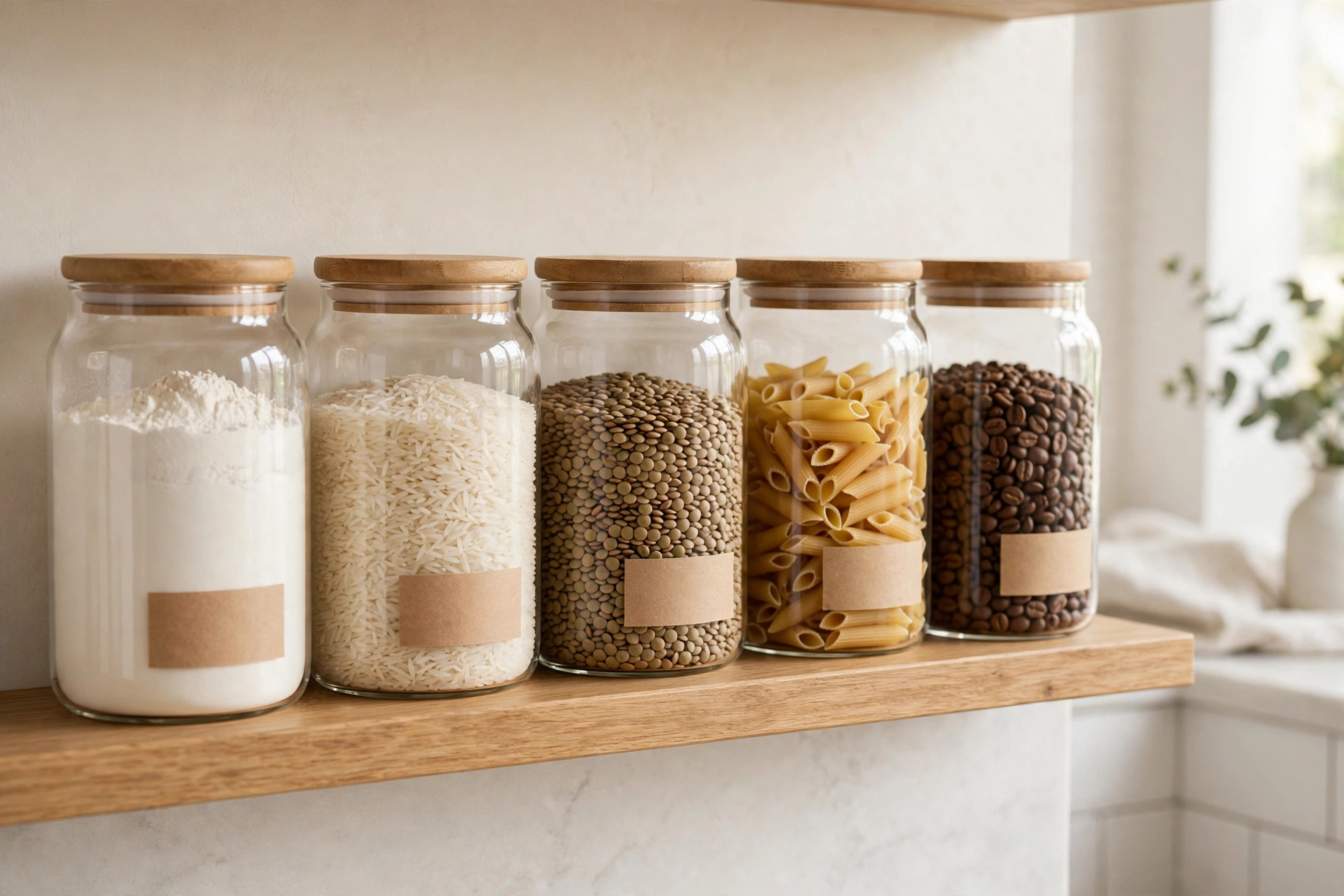 Open kitchen shelving ideas with matching glass jars of pantry staples in a row.