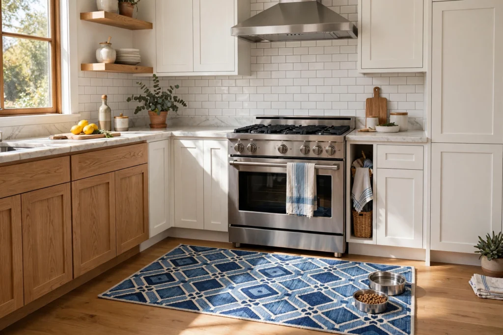Kitchen rug ideas with a durable indoor-outdoor rug in front of a stove.