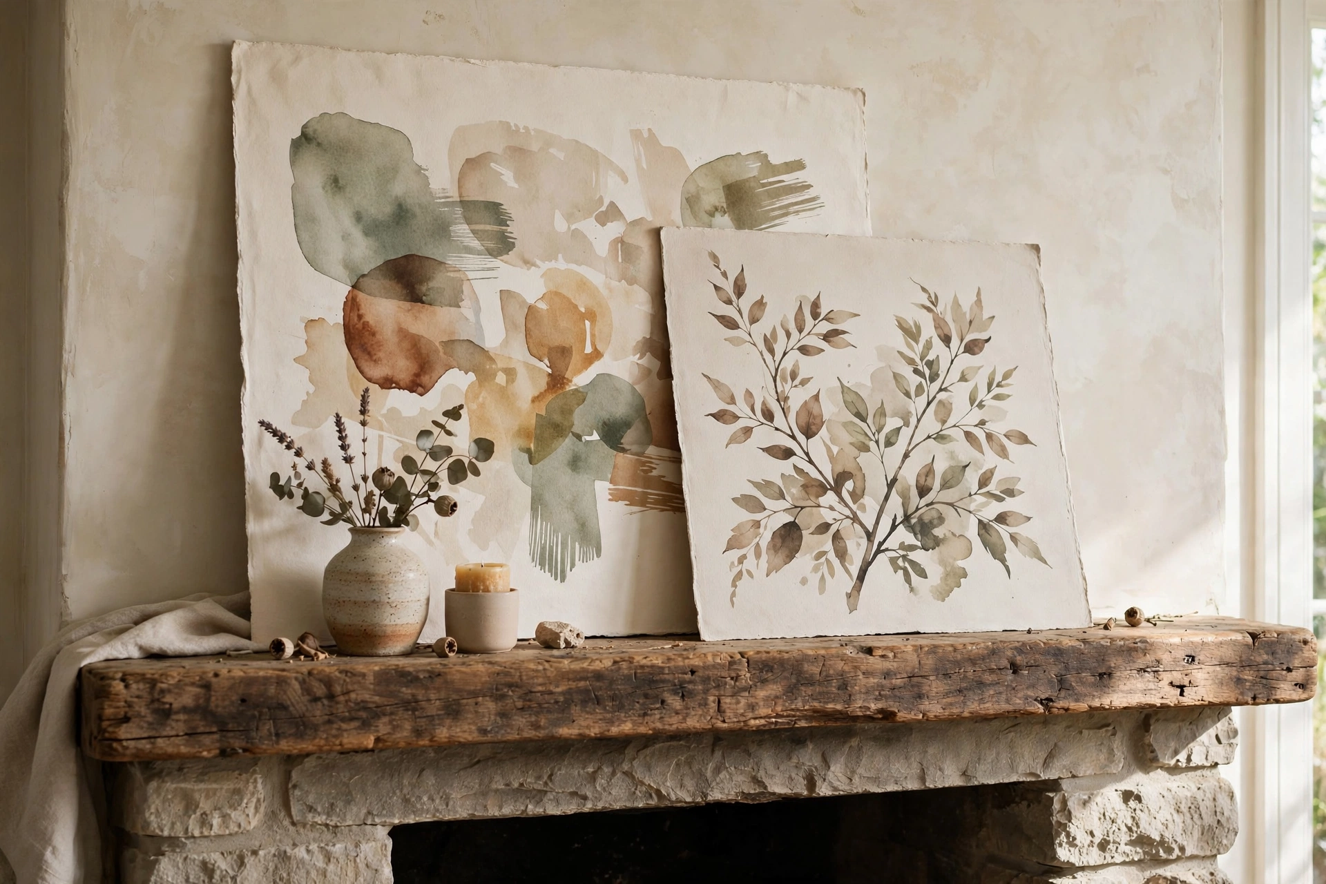 Fireplace mantel decor ideas with layered art frames leaned casually on the mantel.