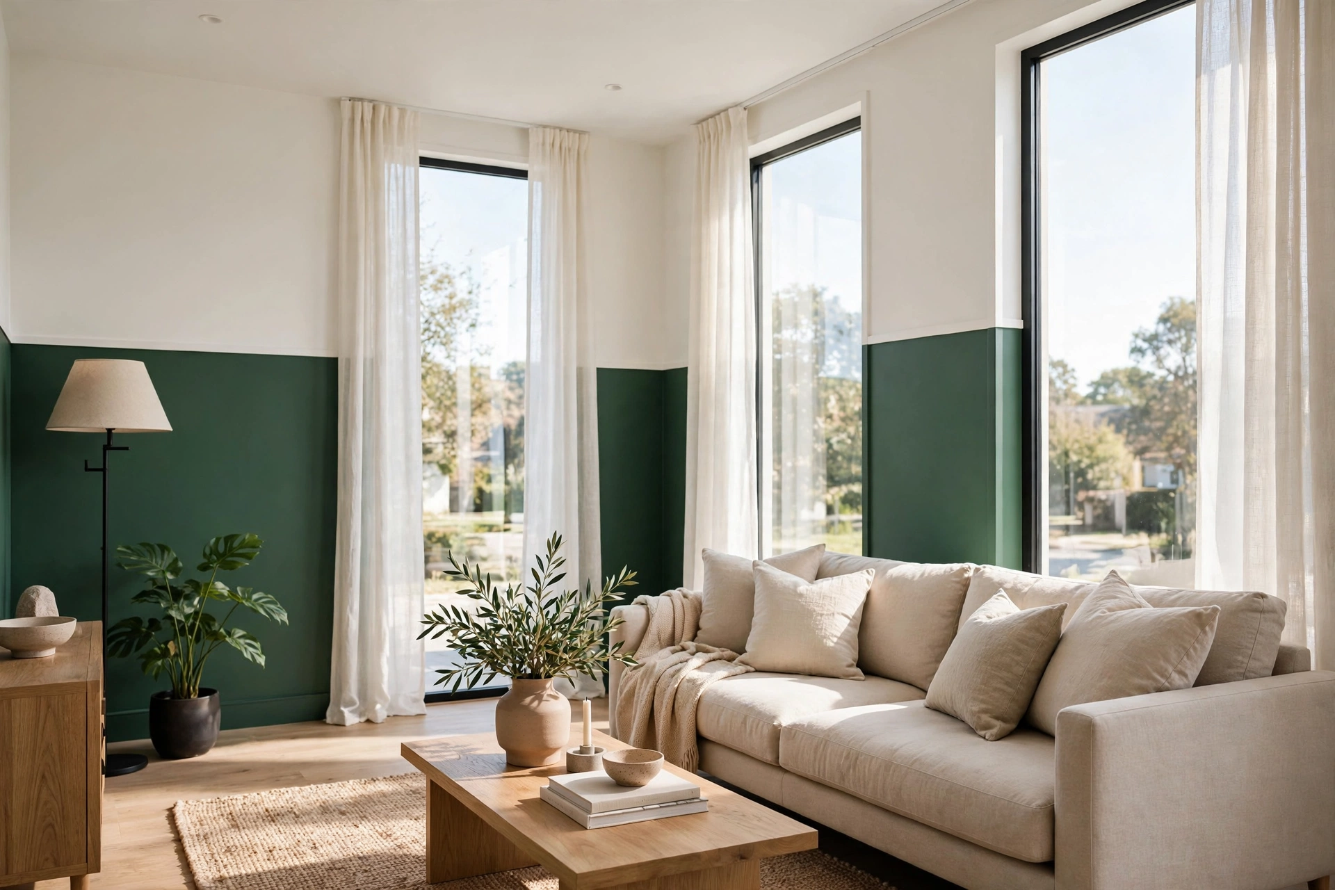 Living room accent wall ideas showing two-tone walls with deep green below and warm white above in a modern living room.