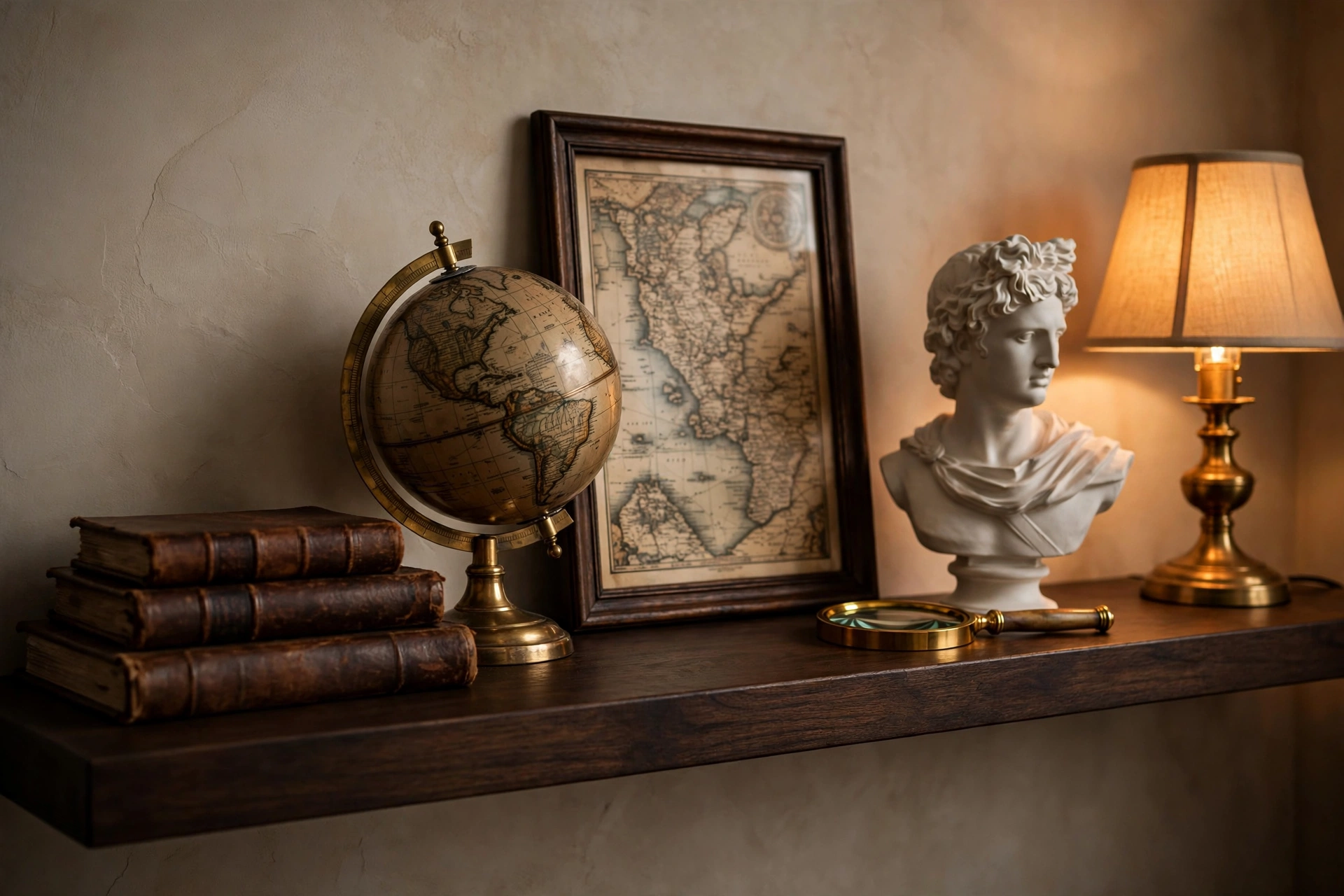 Dark academia living room shelf styled with a brass globe, antique map, plaster bust, and leather-bound journals.
