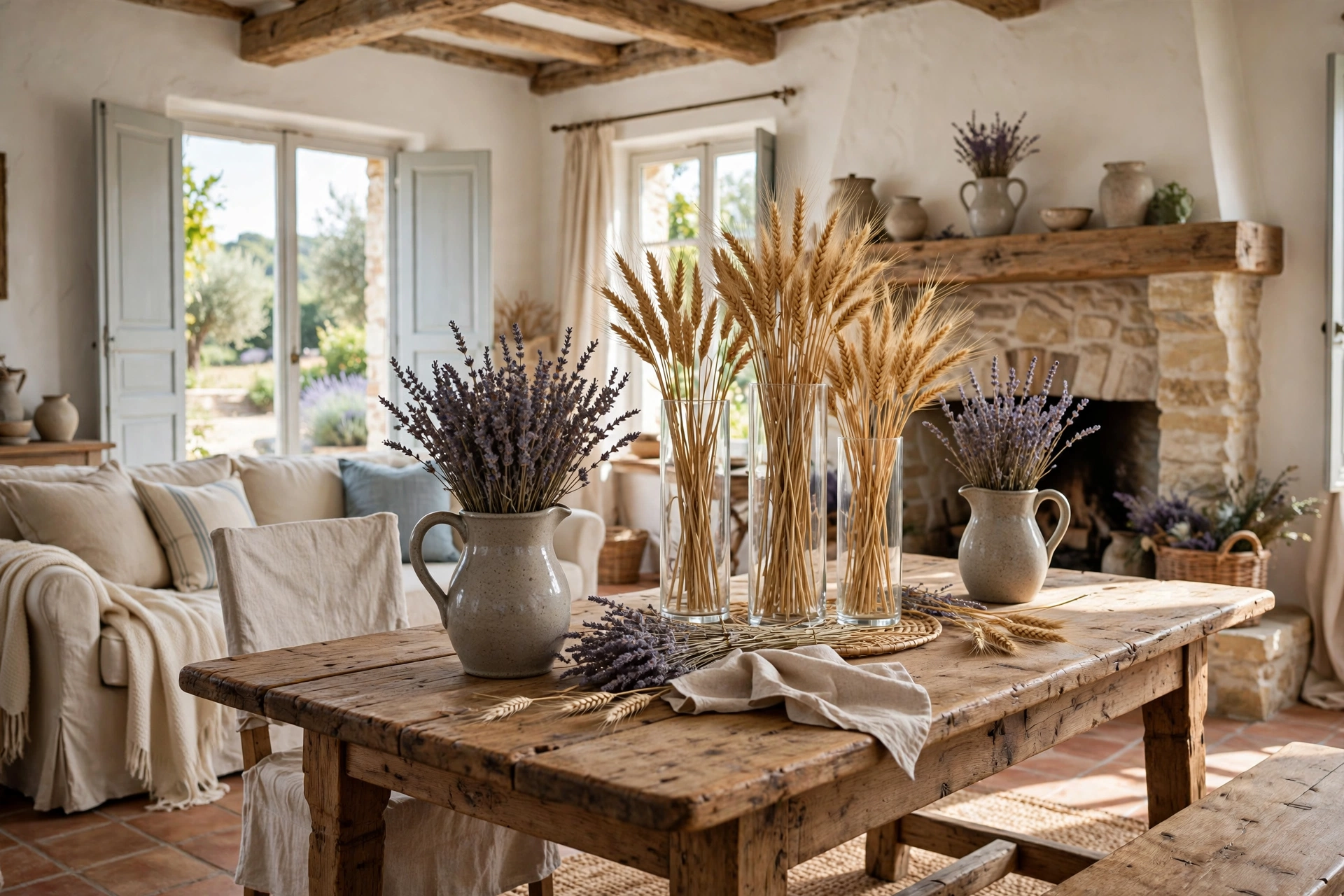 French country living room styled with dried lavender in stoneware pitchers and wheat stalks in glass vases.