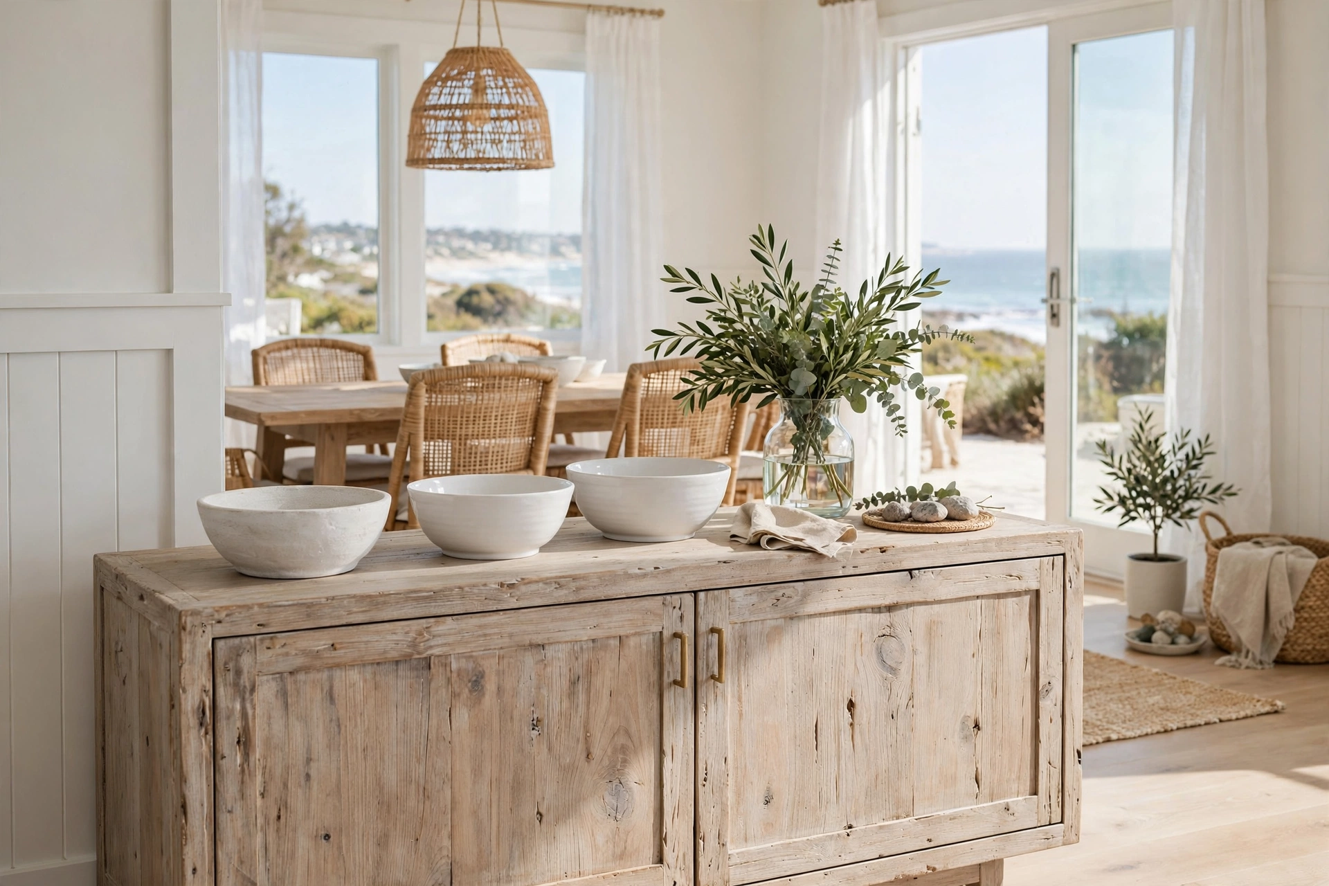 Coastal dining room ideas with a sun-bleached wood sideboard styled with white serving bowls and greenery.