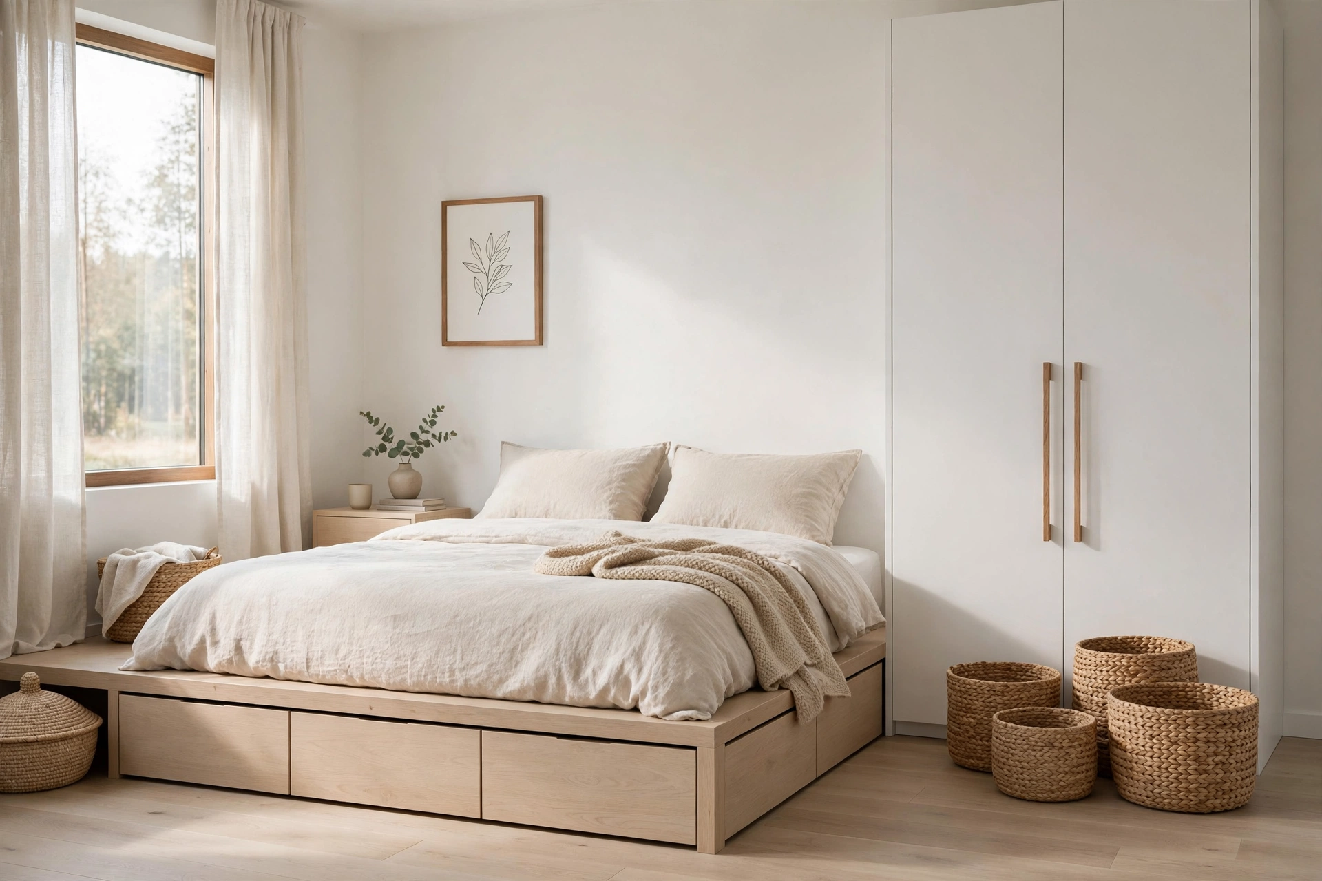 Clutter-free bedroom with storage bed, handleless wardrobe and seagrass baskets