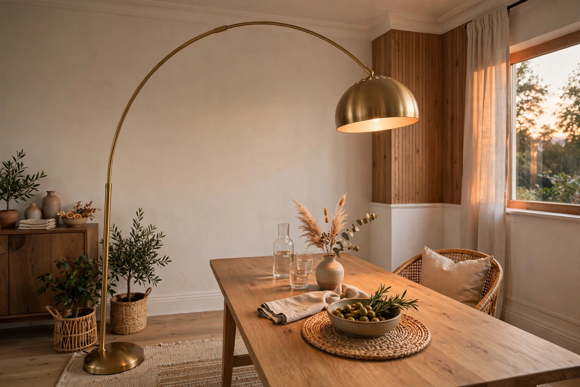 Dining room lighting ideas with an arc floor lamp sweeping over the end of a dining table in the corner.