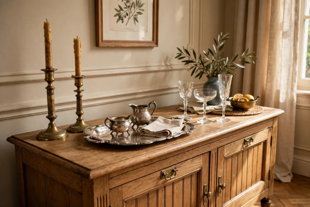 Antique brass candlesticks, silver serving tray, and vintage stemware styled on a traditional dining room sideboard.