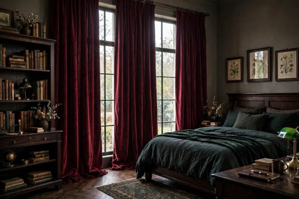 Floor-length burgundy velvet curtains framing tall windows in a dark academia bedroom with dark wood furniture.