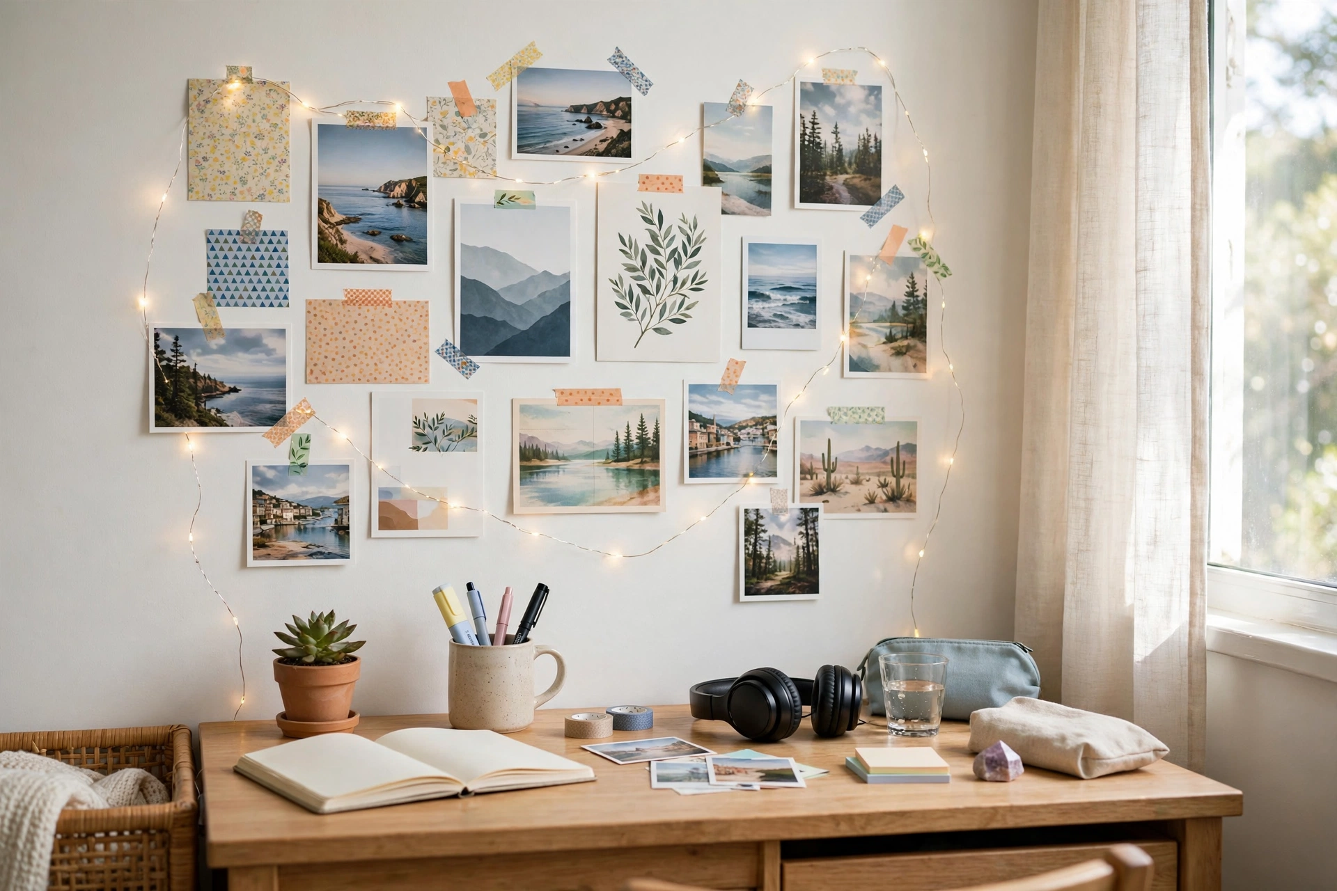 Dorm room photo wall above a desk with prints, postcards, and fairy lights arranged with washi tape.