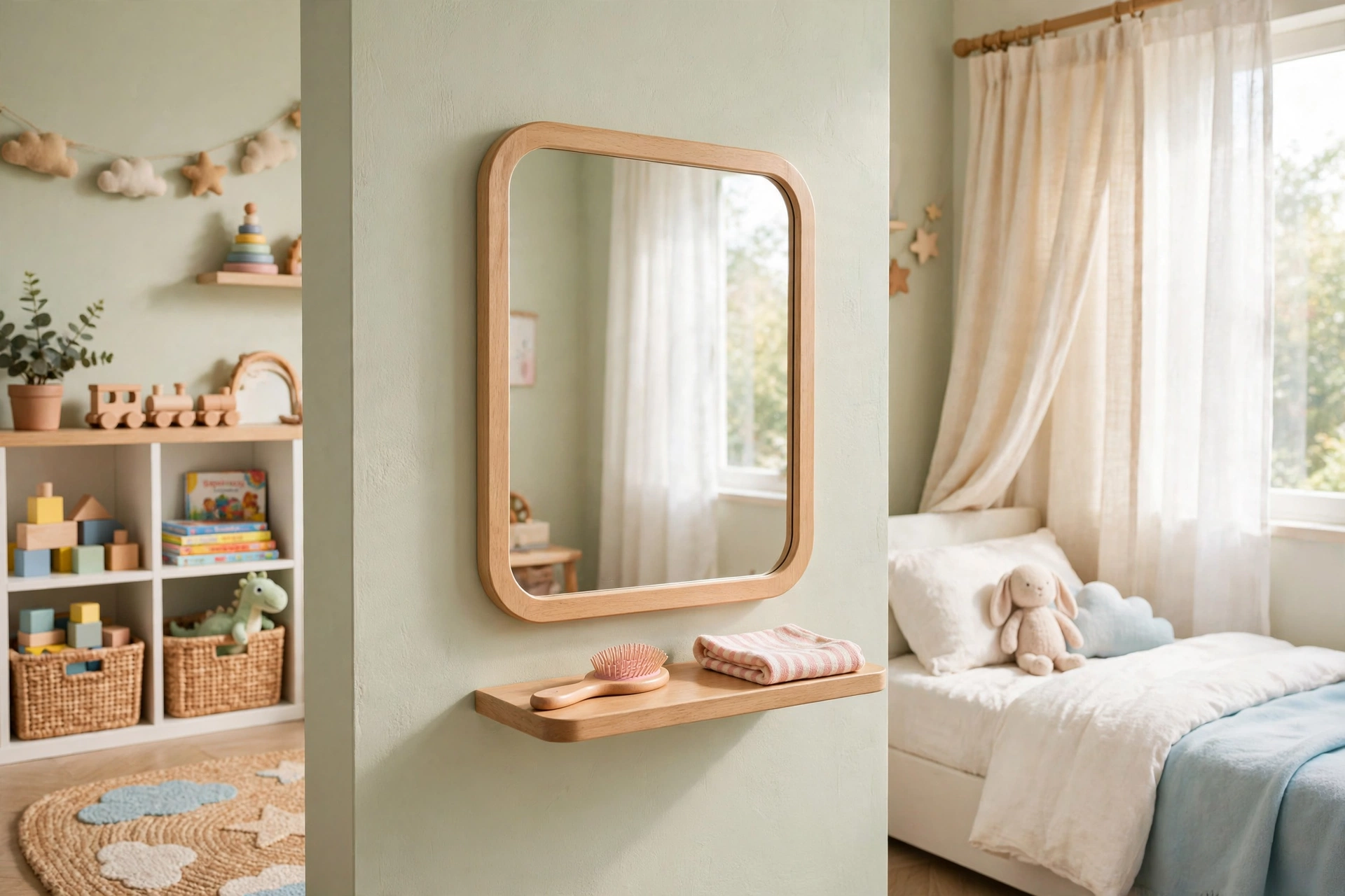 Child-height shatterproof mirror with a small shelf holding a hairbrush and washcloth in a kids bedroom.