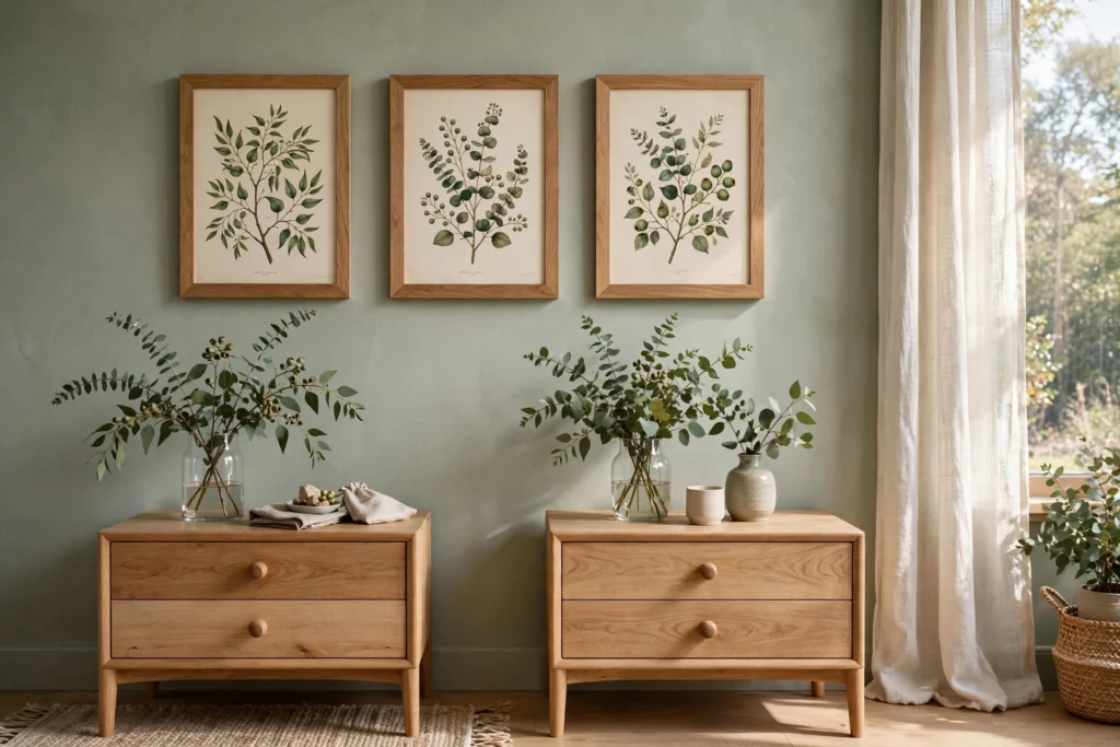 Framed botanical prints in natural wood frames above nightstands with eucalyptus stems in a sage bedroom.