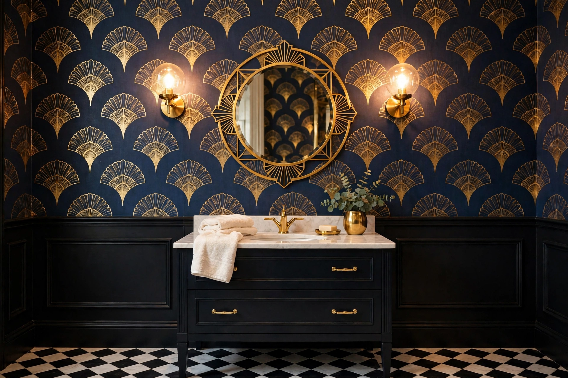 Art deco bathroom wallpaper with gold fan motifs on a deep navy wall paired with a round mirror.